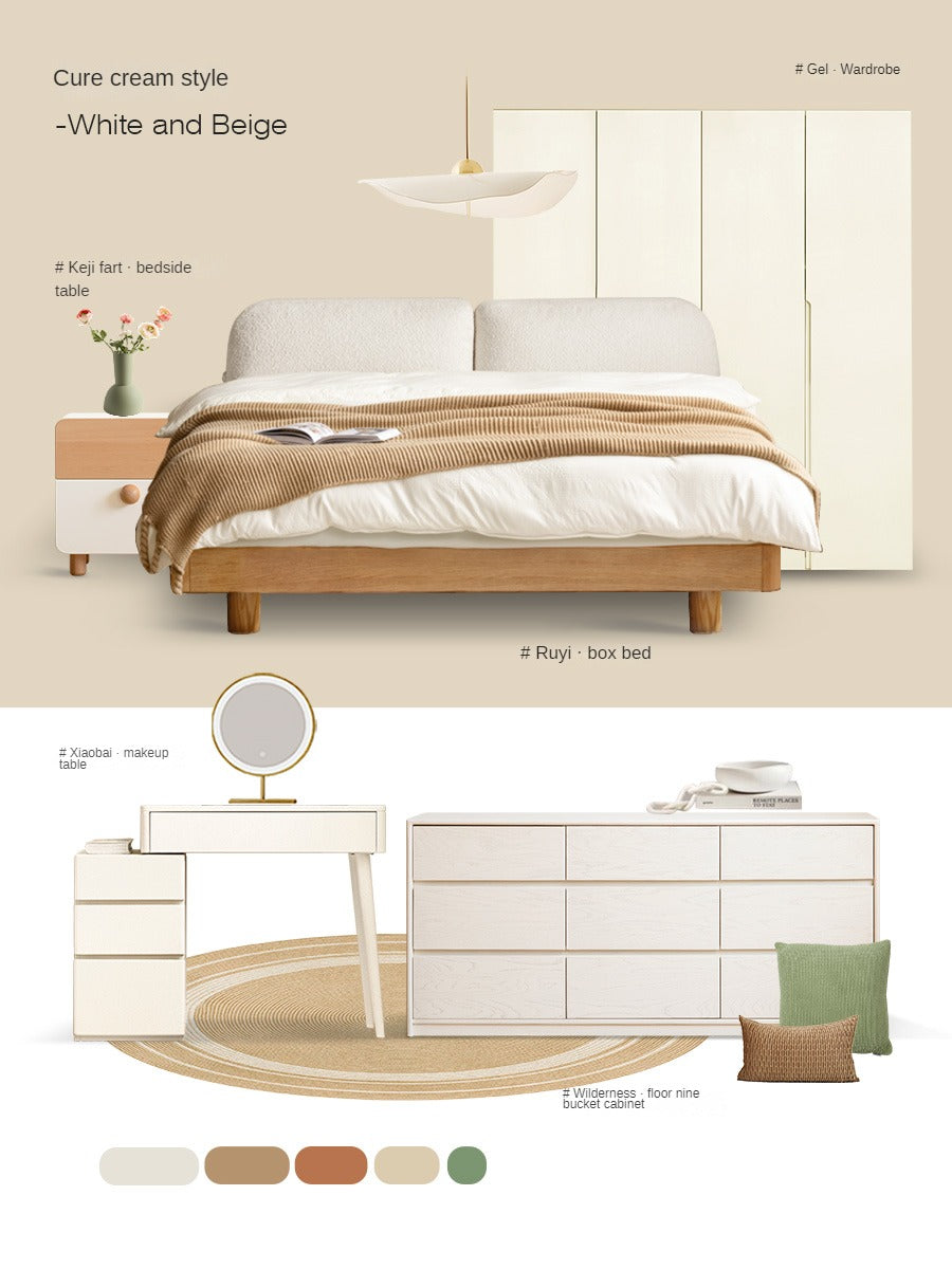Premium Oak Solid Wood Lamb Fleece Soft Suspension Cream Bed - Cozy & Supportive Sleeping Solution for Modern Bedrooms, Guest Rooms & Nursery Decor