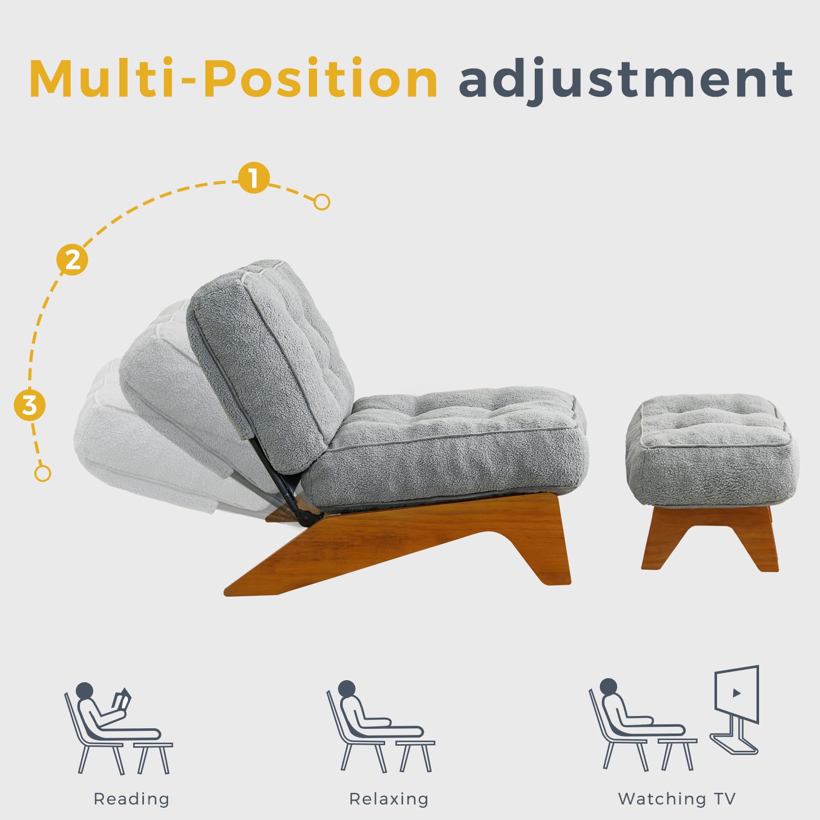 MAXYOYO Adjustable Reclining Lounge Chair with Ottoman - Thick Cushion Accent Chair & Footrest Set for Living Room, Dark Grey - Perfect for Relaxing, Reading & TV Watching