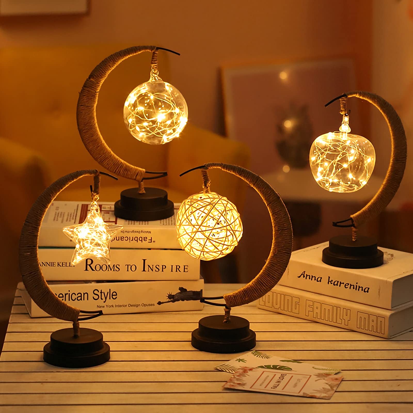 Handmade Hemp Rope Wrought Iron LED Night Light - Moon, Stars, Apple & Sepak Takraw Shapes - Purple Bedside Table Lamp for Romantic Bedroom Decor (Size B) | Perfect for Nursery, Kids Room & Cozy Home Ambiance