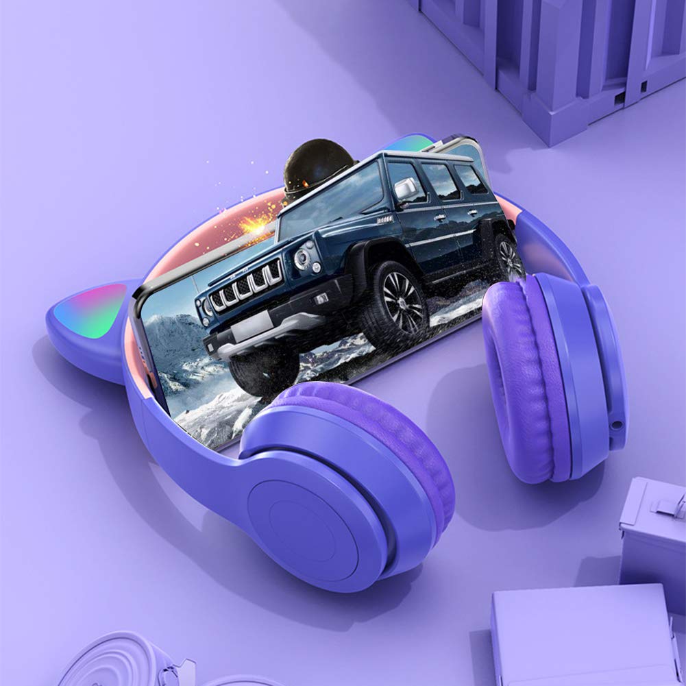 LED Cat Ear Bluetooth 5.0 Wireless Headphones with Built-in Mic & Noise Cancelling - Foldable Over-Ear Gaming Headset for Kids & Adults, Perfect for Study, Travel & Gaming (Purple)
