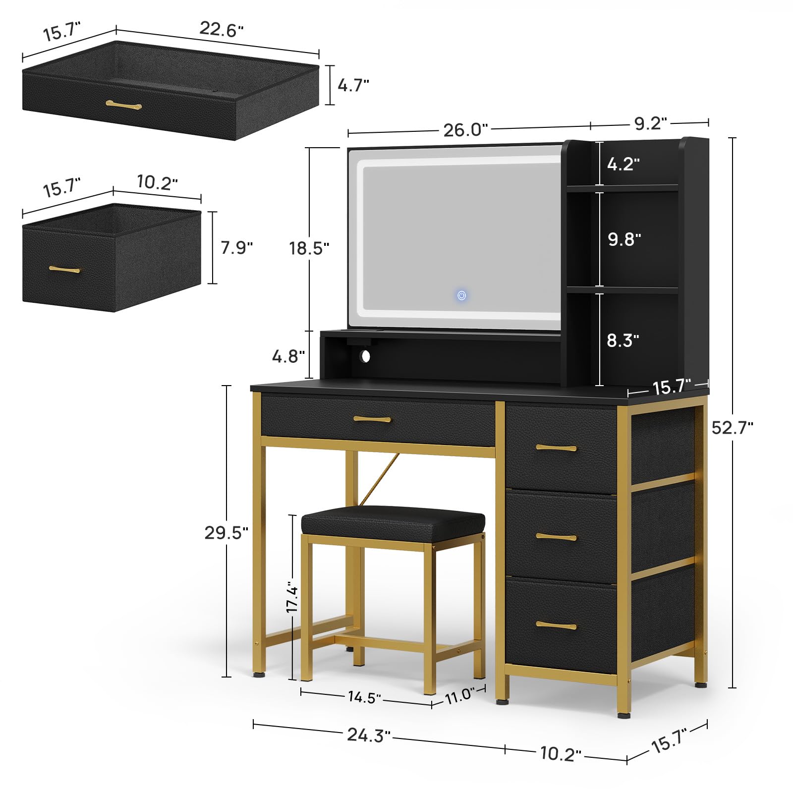 Rolanstar Vanity Desk with Mirror and Lights - Makeup Vanity Set with Upholstered Stool, 4 Drawers & Power Outlets, Black and Gold Dressing Table for Bedroom, Bathroom or Dressing Room