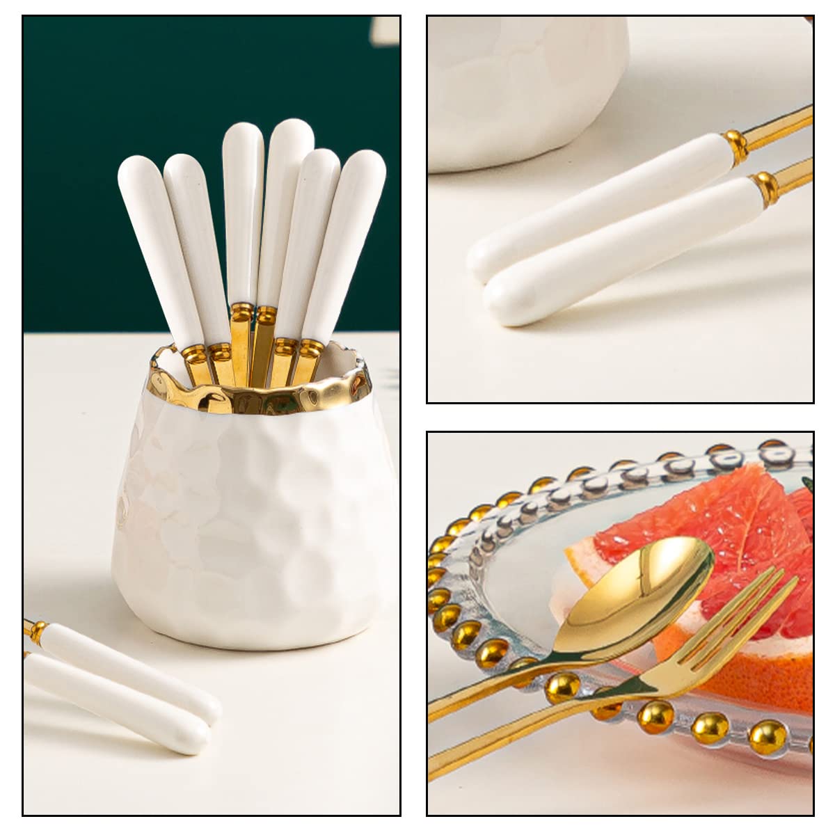 Premium Coffee Spoons and Forks Set - 4 Gold Dessert Forks & 4 Small Spoons with White Ceramic Jar - Elegant Flatware for Coffee, Tea, Desserts, Parties & Home Decor (White) - Perfect for Afternoon Tea, Bridal Showers & Hostess Gifts