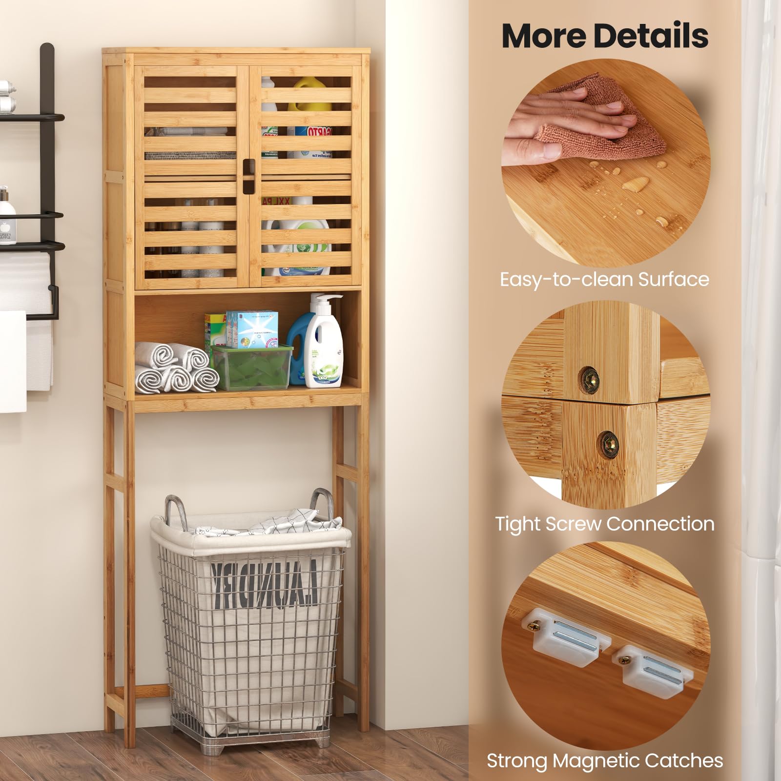 Giantex Over The Toilet Storage Cabinet - Bamboo Freestanding Bathroom Organizer with Shelves & Louver Doors | Anti-Tipping Design, Bottom Crossbar for Stability | Space Saving Toilet Rack for Towels, Toiletries & Bathroom Essentials | Perfect for Small Bathrooms, Apartments & Powder Rooms