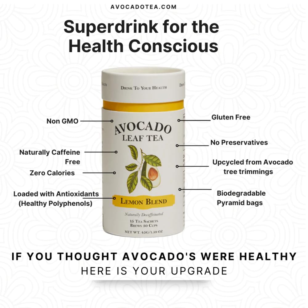 Organic Avocado Leaf Lemon Herbal Tea - Caffeine-Free, Immune Boosting, Non-GMO | 15 Tea Bags (30 Servings) | Perfect for Cold Brew Iced Tea or Relaxing Hot Tea - Ideal for Stress Relief & Wellness Routine