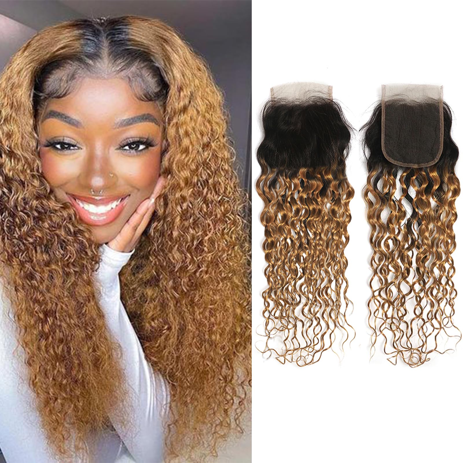 X-TRESS 14 Inch 4x4 Lace Closure Ombre Wet & Wavy Brazilian Curly Remy Human Hair Bundles with Dark Roots & Blonde Tips - Perfect for Protective Styles, Weaves & Natural-Looking Hair Extensions