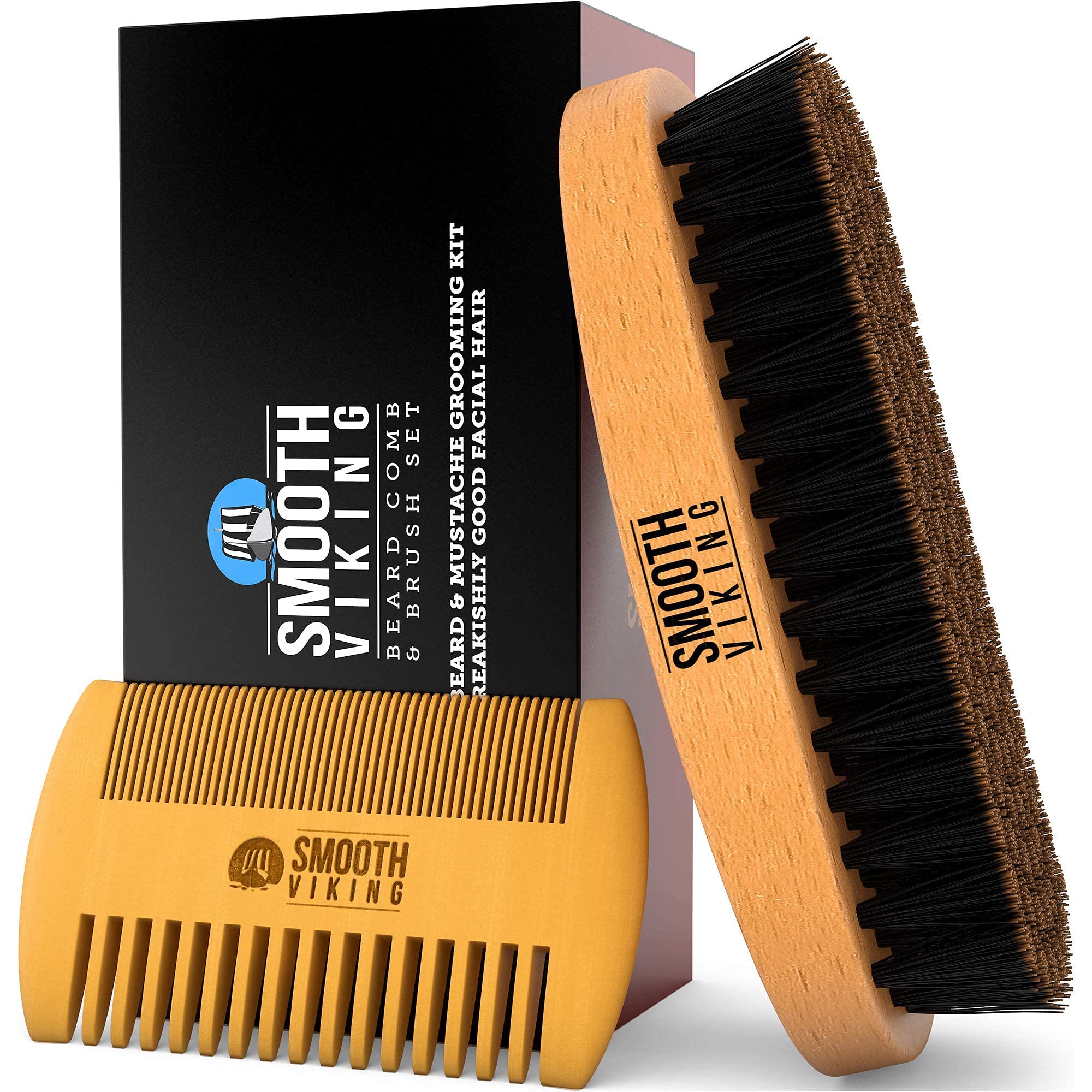 Premium Viking Beard Brush Gift Set for Men - Natural Boar Bristle Beard & Mustache Brush, Facial Hair Styling & Grooming Kit with Beard Shaping Tool - Perfect for Daily Grooming, Travel & Gift Giving (Tan Combo)