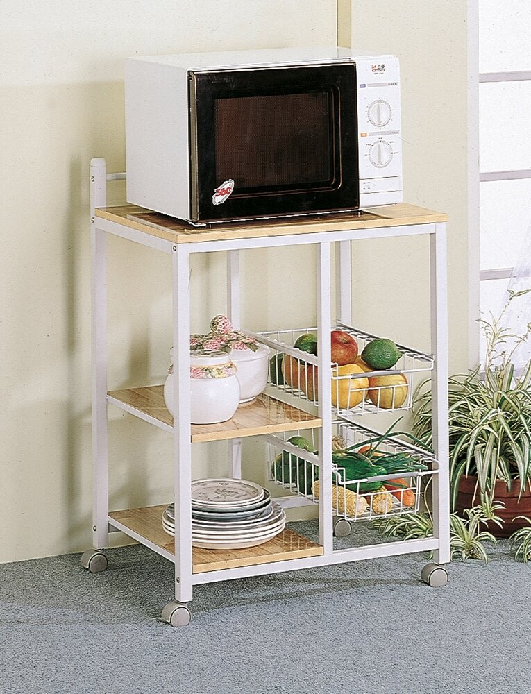 Premium Natural Wood & White Metal Utility Cart with Baskets & Wheels - Perfect for Kitchen Organization, Bathroom Storage, and Mobile Workspace