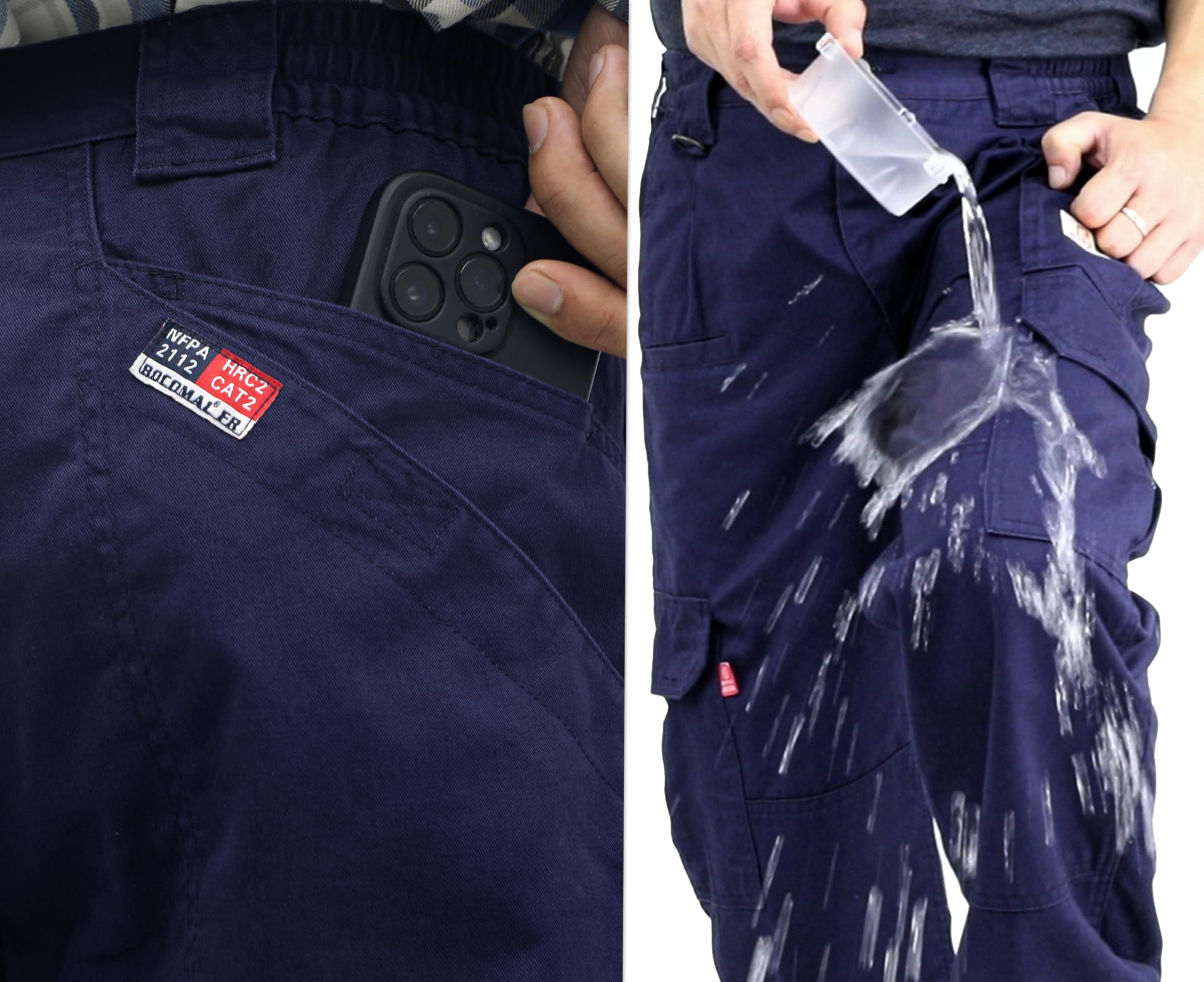 BOCOMAL Men's Flame Resistant Cargo Work Pants - Double Front, 10 Multi-Pockets, Elastic Waist for Comfort | Durable FR Pants for Construction, Welding & Industrial Safety Work