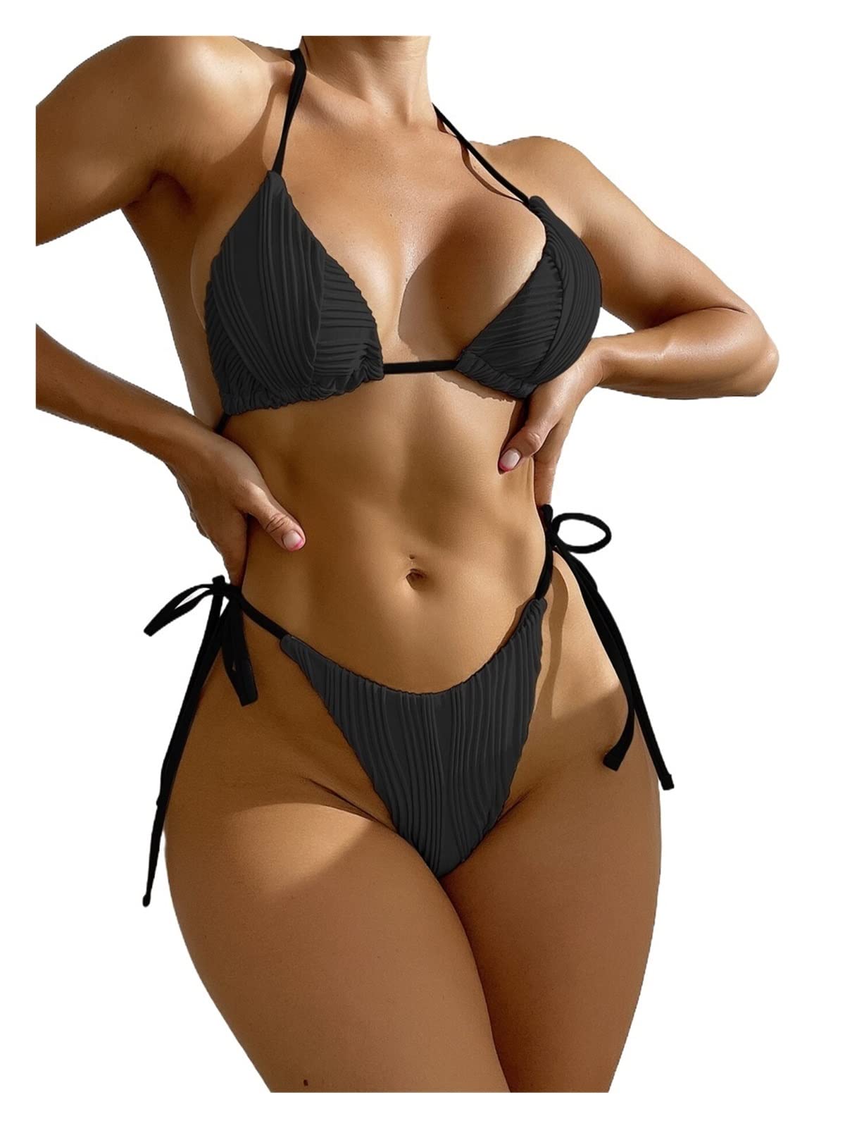 TINMIIR Women's Textured Triangle Tie Side Bikini Set - Sexy Swimwear for Beach, Pool & Vacation - High Waisted Two Piece Bathing Suit