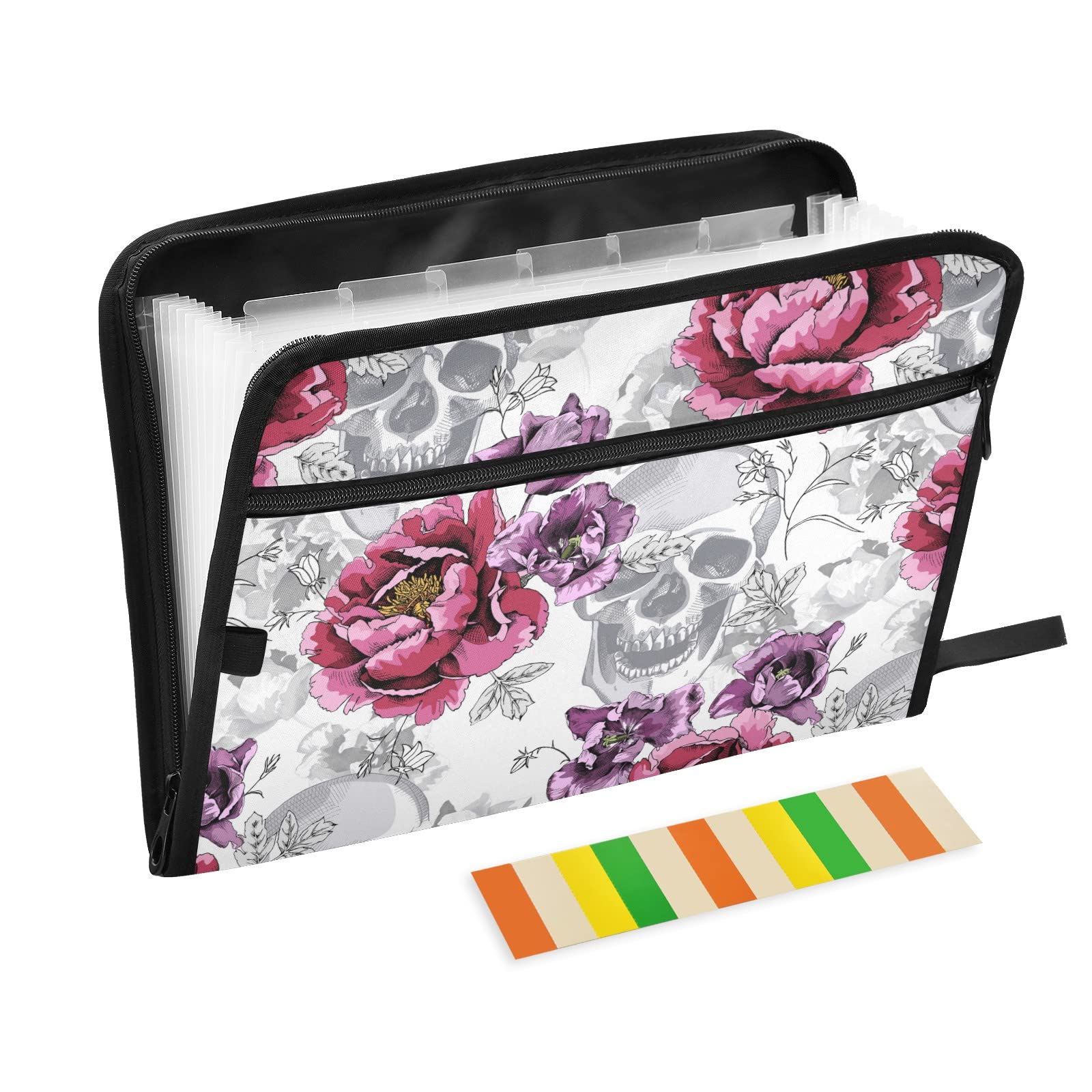 UMIRIKO Gothic Skull Rose 13-Pocket Expanding File Folder with Sticky Labels - Accordion Organizer for A4 Letter Size Documents - Zip Closure File Storage for Office, School & Home Organization