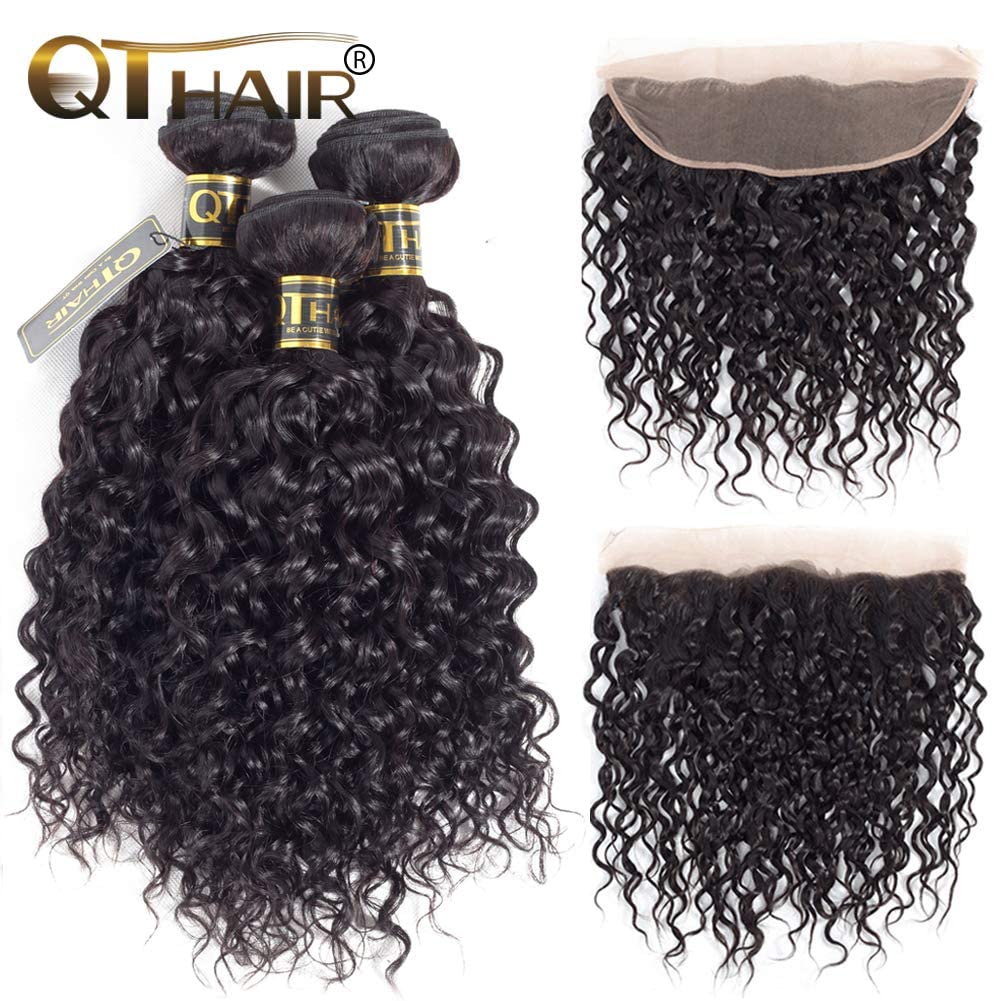 QTHAIR 14A Water Wave Brazilian Virgin Human Hair Bundles with Lace Frontal (18