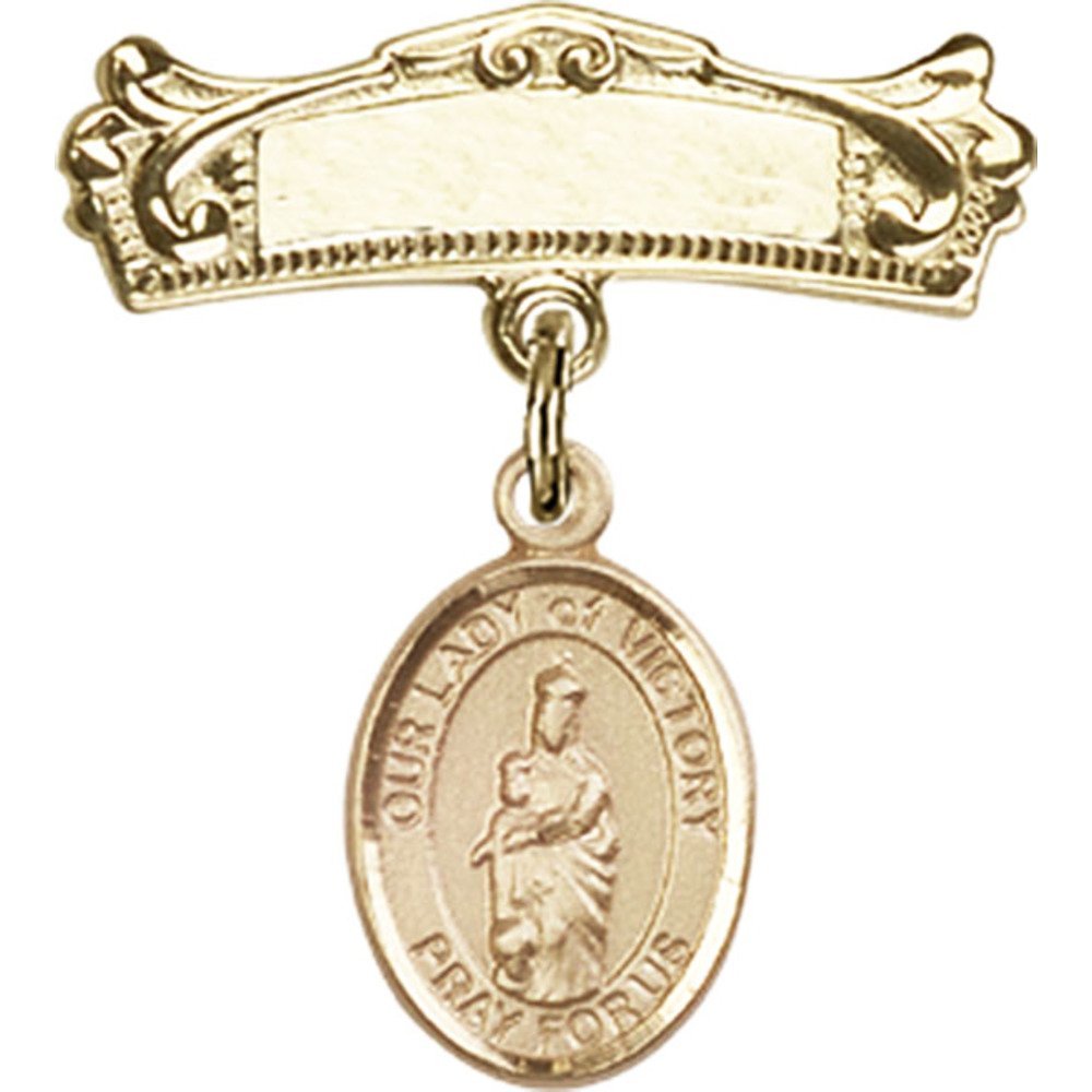 Gold Filled Baby Badge with Our Lady of Victory Charm - 7/8 X 3/4 Inch Arched Polished Pin - Religious Jewelry for Baptism, First Communion & Baby Blessing Gifts