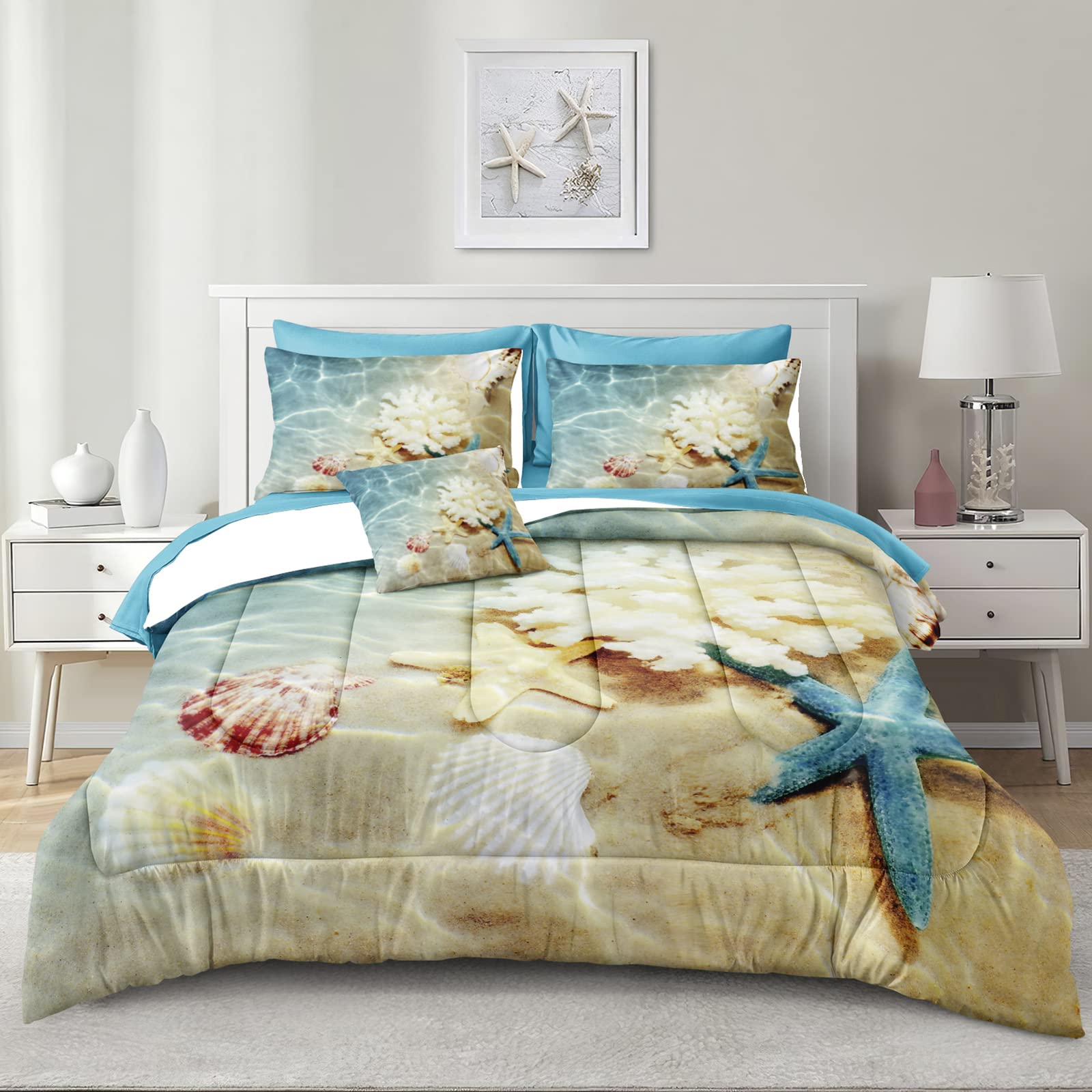 Bedbay Coastal Bedding Set 8-Piece Queen Size - Lightweight Summer Comforter & Quilt Set in Turquoise Ocean Design, Perfect for Beach-Themed Rooms, Teen Girls & Women Bedrooms | Breathable Bed in a Bag for Warm Weather & Coastal Decor