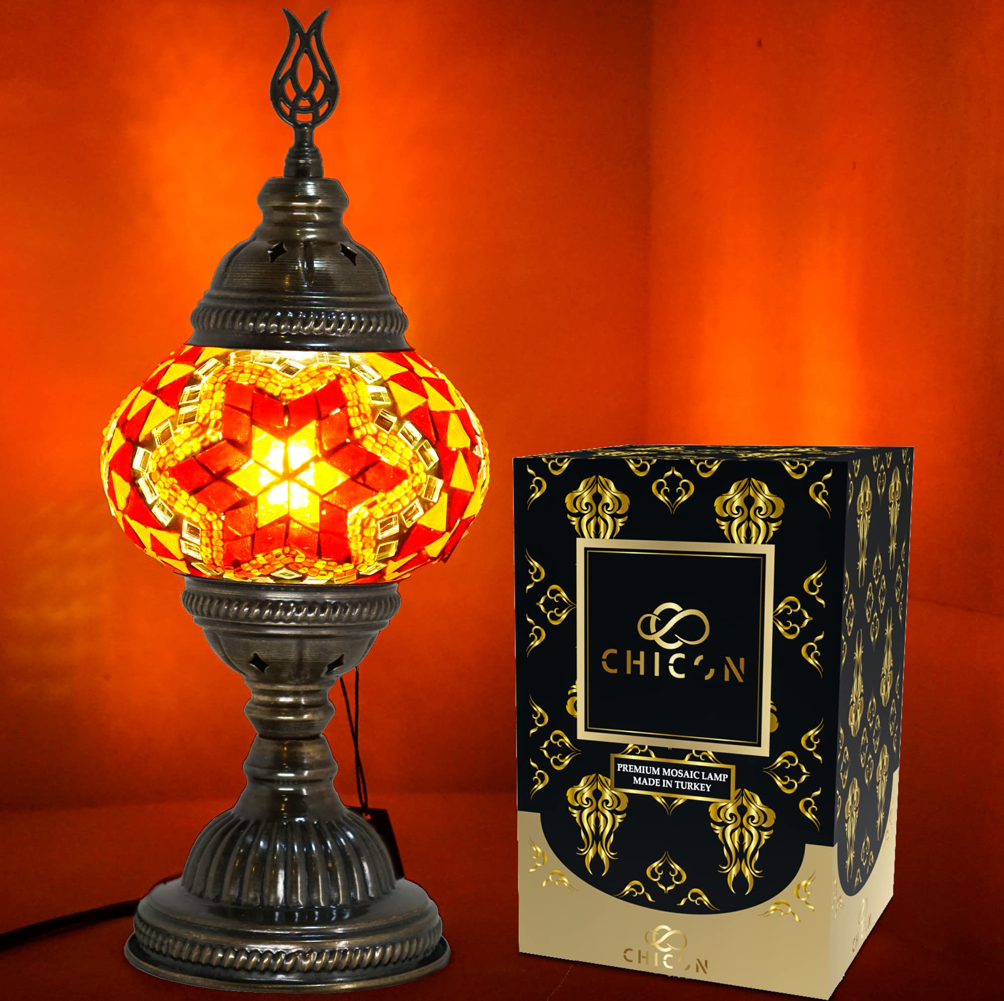 Handmade Mosaic Turkish Lamp - Genuine Glass Tiffany Style Boho Table Lamp, Antique Vintage Moroccan Decor with Classic Red Amber Flower Design | Perfect for Living Room, Bedroom, or Meditation Space