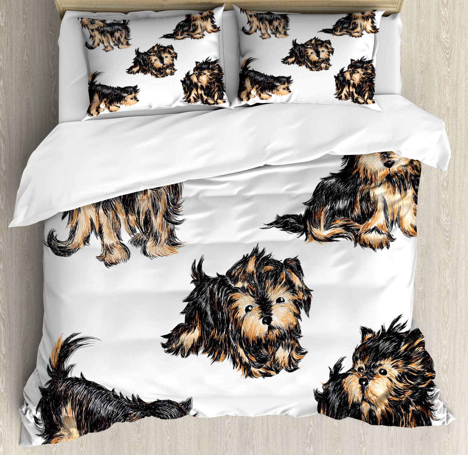 Ambesonne Yorkie Duvet Cover Set - 2 Pack California King Size with 4 Pillowcases, Hand-Painted Yorkshire Terrier Dog Design in Black & Cream | Perfect for Dog Lovers' Bedroom Decor, Pet-Themed Guest Rooms, and Yorkshire Terrier Enthusiasts