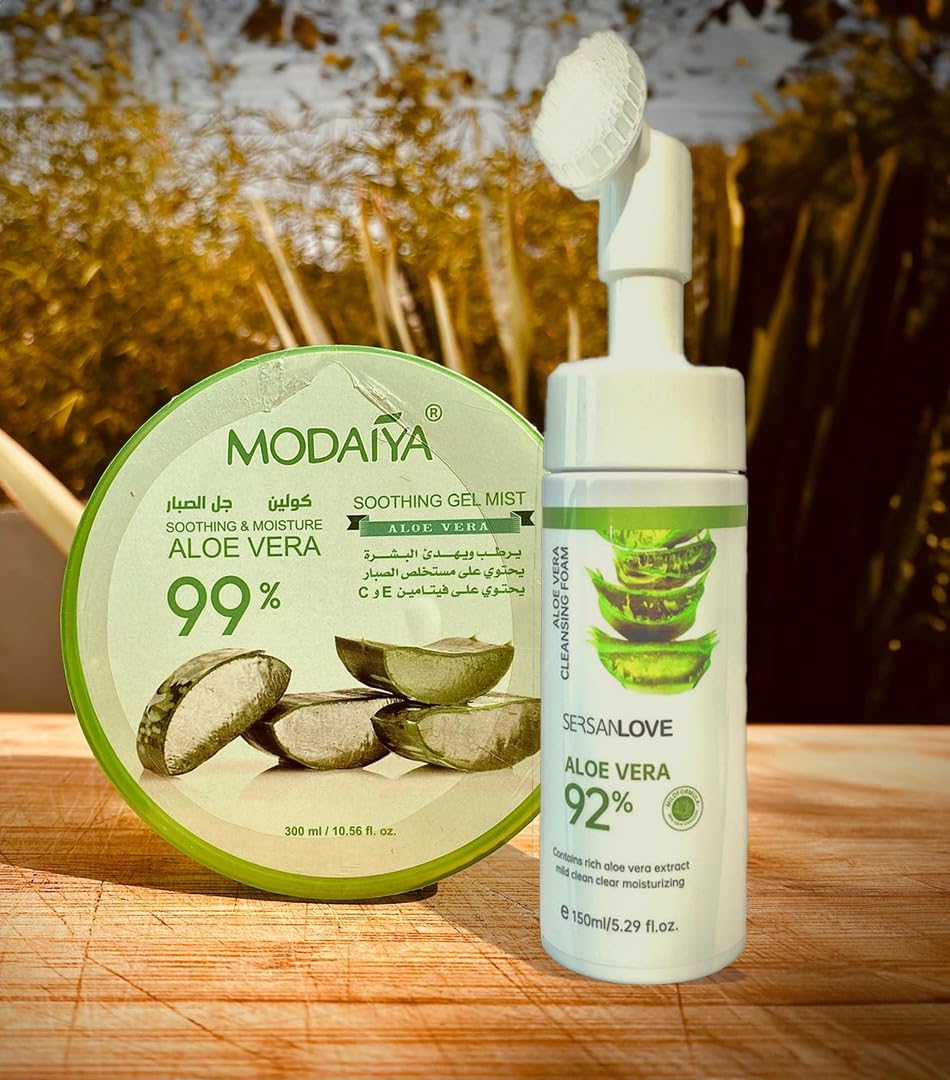 2 Pack 99% Pure Natural Aloe Vera Gel for Face & Body - Hydrating Moisturizer with 92% Aloe Cleansing Foam & Soft Massage Brush - Healthy, Radiant Skin Care for Daily Use, Sunburn Relief & Post-Workout Recovery