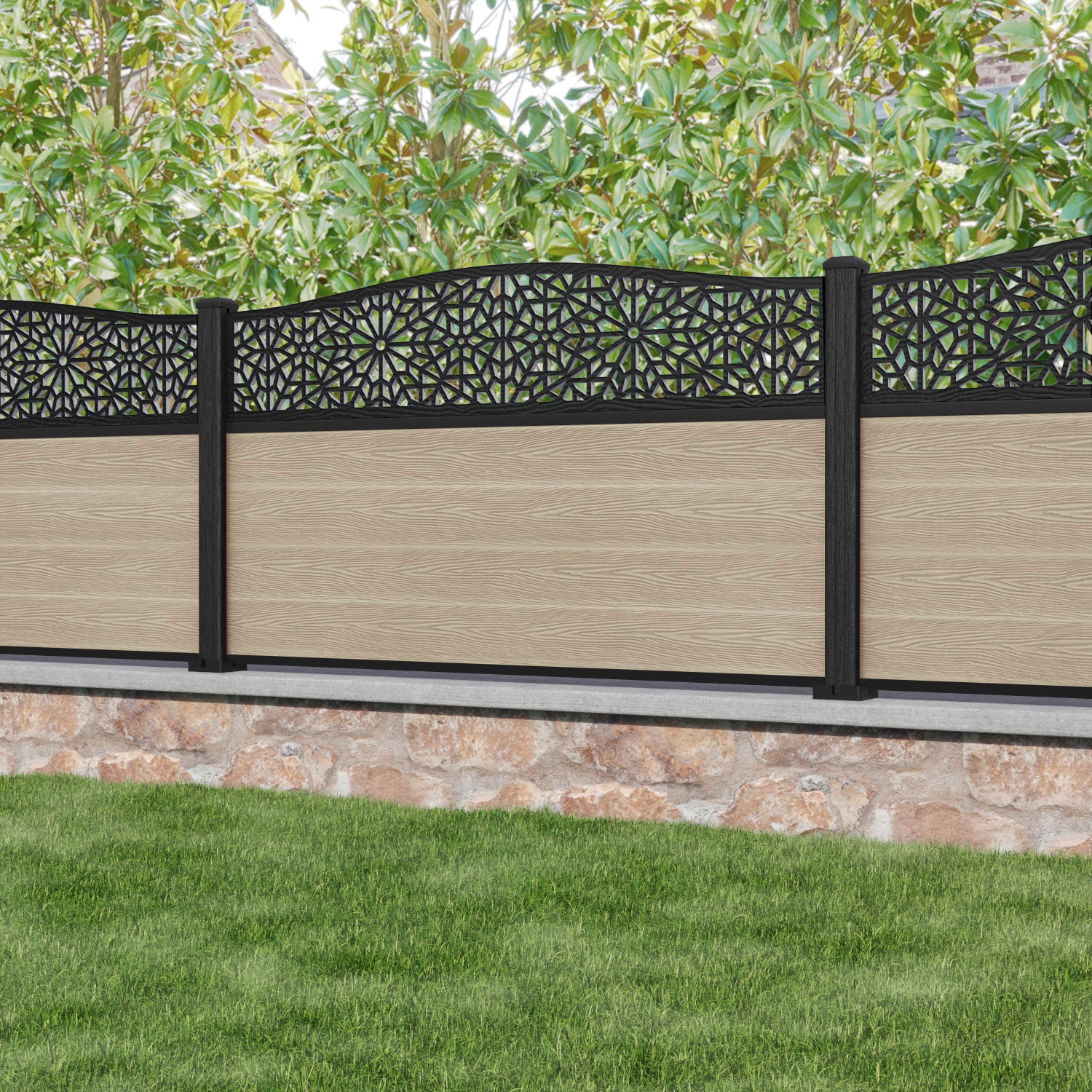 Classic Alnara Curved Top Fence Panel - Light Oak Composite Wood Privacy Fencing with Durable Composite Posts | Perfect for Backyard, Garden, and Poolside Landscaping