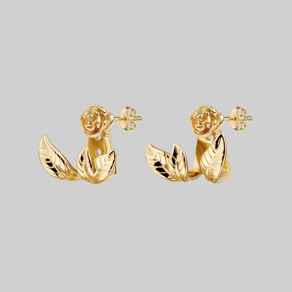 VERDURS. Rose & Foliage Earrings - Gold Plated Floral Dangle Earrings for Women, Elegant Gift for Valentine's Day, Wedding, Party & Special Occasions