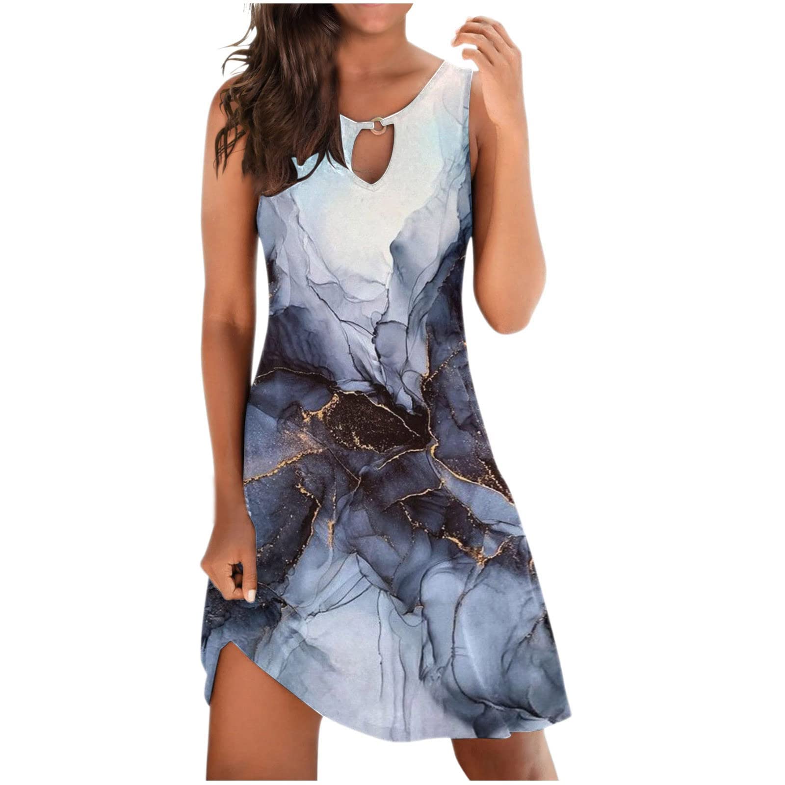 Women's Summer Dress - Marble Print Hollow Out Sleeveless A-Line Swing Tank Dress | Casual Vacation Beachwear & Party Outfit