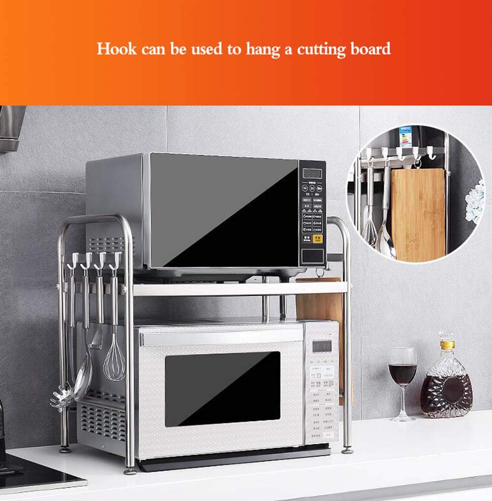 Stainless Steel Microwave Oven Rack with 6 Hooks - Heavy Duty 20KG Capacity Kitchen Shelf for Countertop, Rice Cooker & Small Appliances Storage - Perfect for Small Spaces & Organized Kitchens