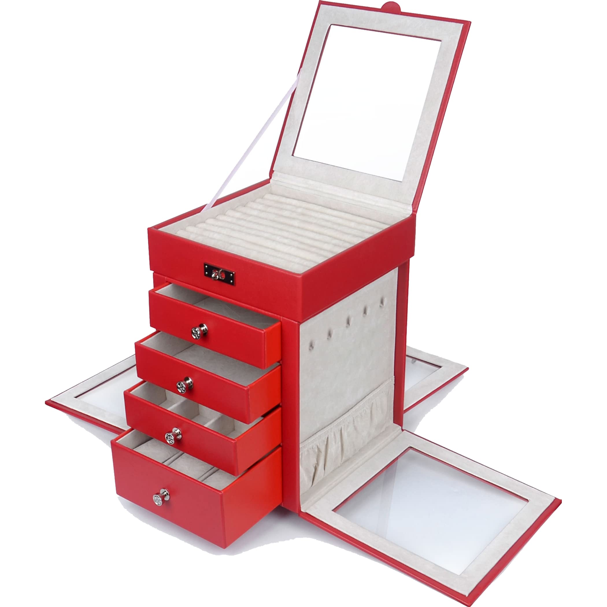 Kendal 5-Layer Rotating Leather Jewelry Organizer Box for Women - Necklace, Ring & Jewelry Storage Case (Red) | Perfect for Bedroom Vanity, Travel & Gift Giving