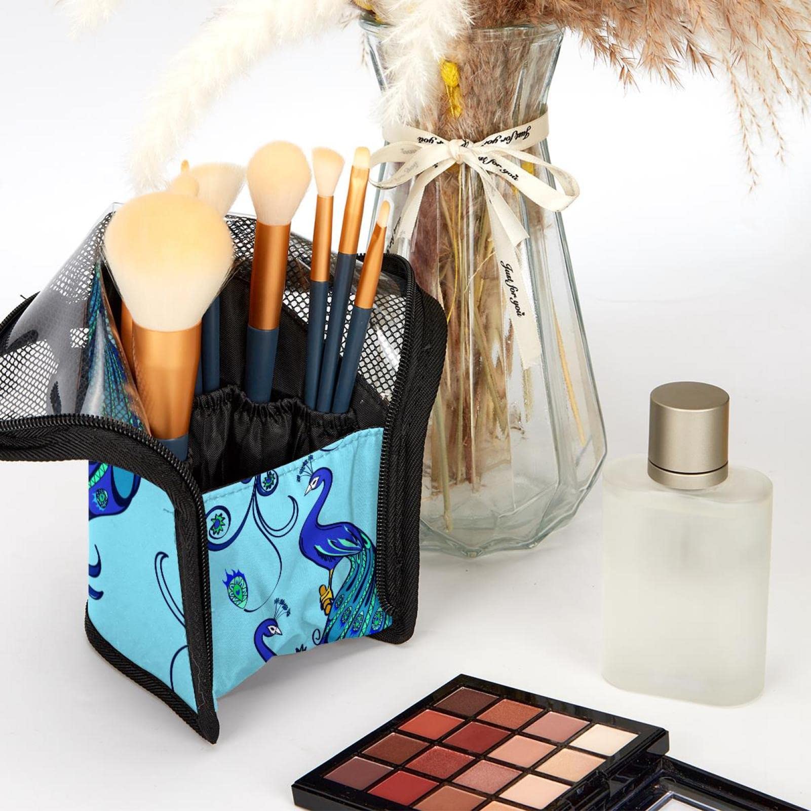 Premium Makeup Brush Organizer Bag with 12 Brushes - Blue Peacock Feather Design, Portable Cosmetic Brush Holder Case for Travel & Home Storage