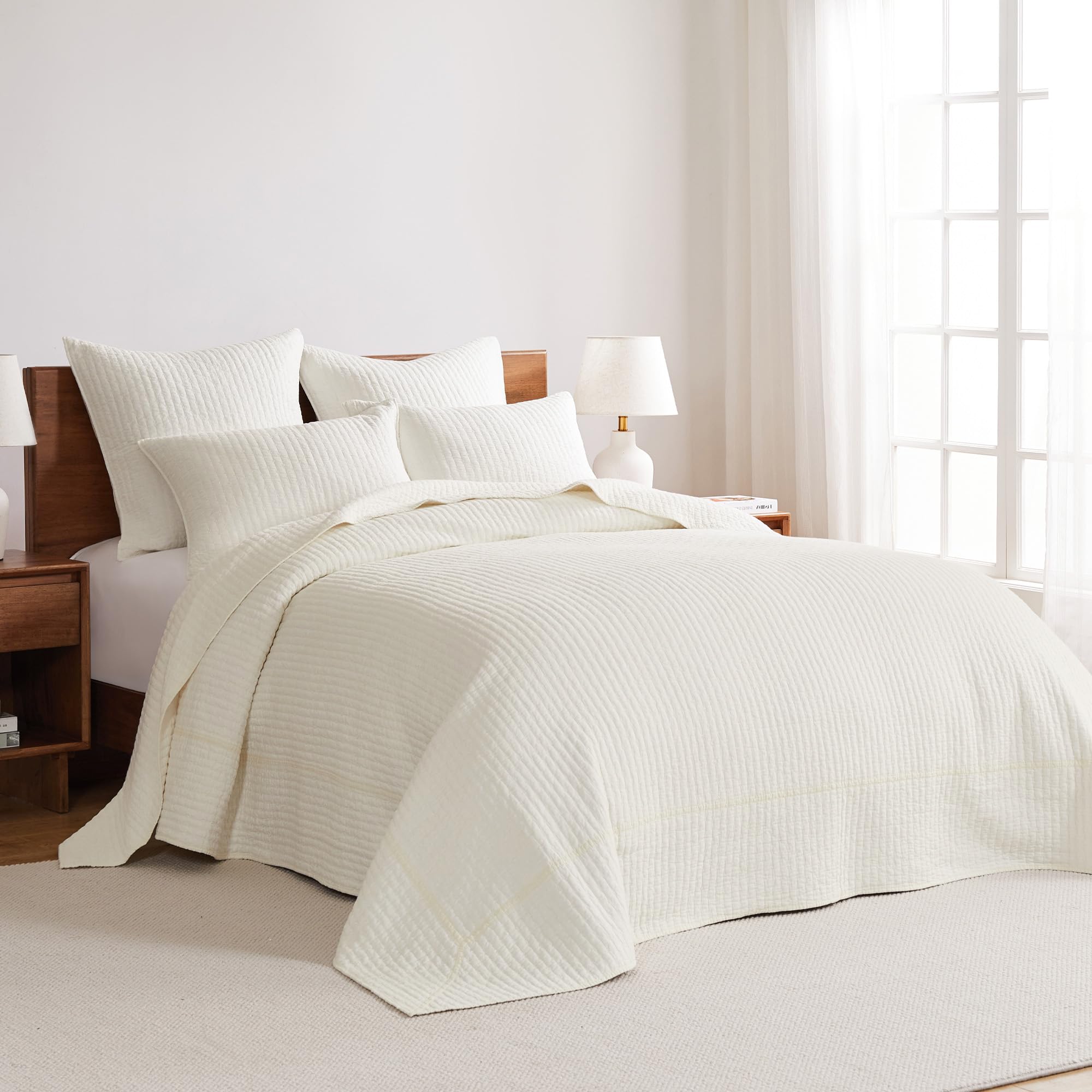Levtex Home King Size Cross Stitch Cream Quilted Bedspread Set with 2 Shams - 100% Cotton Bedding (120x104in Bedspread + 20x36in Shams) - Elegant Cross Stitch Pattern for Master Bedroom Decor