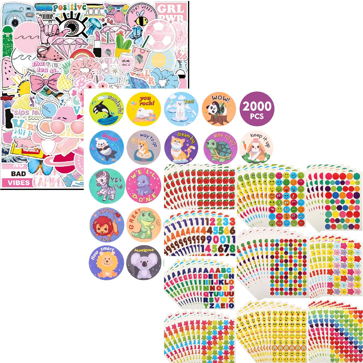 100 Pcs Pink Aesthetic Stickers + 2000 Pcs Teacher Stickers for Kids + 5800 Pcs Motivational Stickers for Students - Cute Sticker Bundle for Classroom, Planner Decor & Reward System