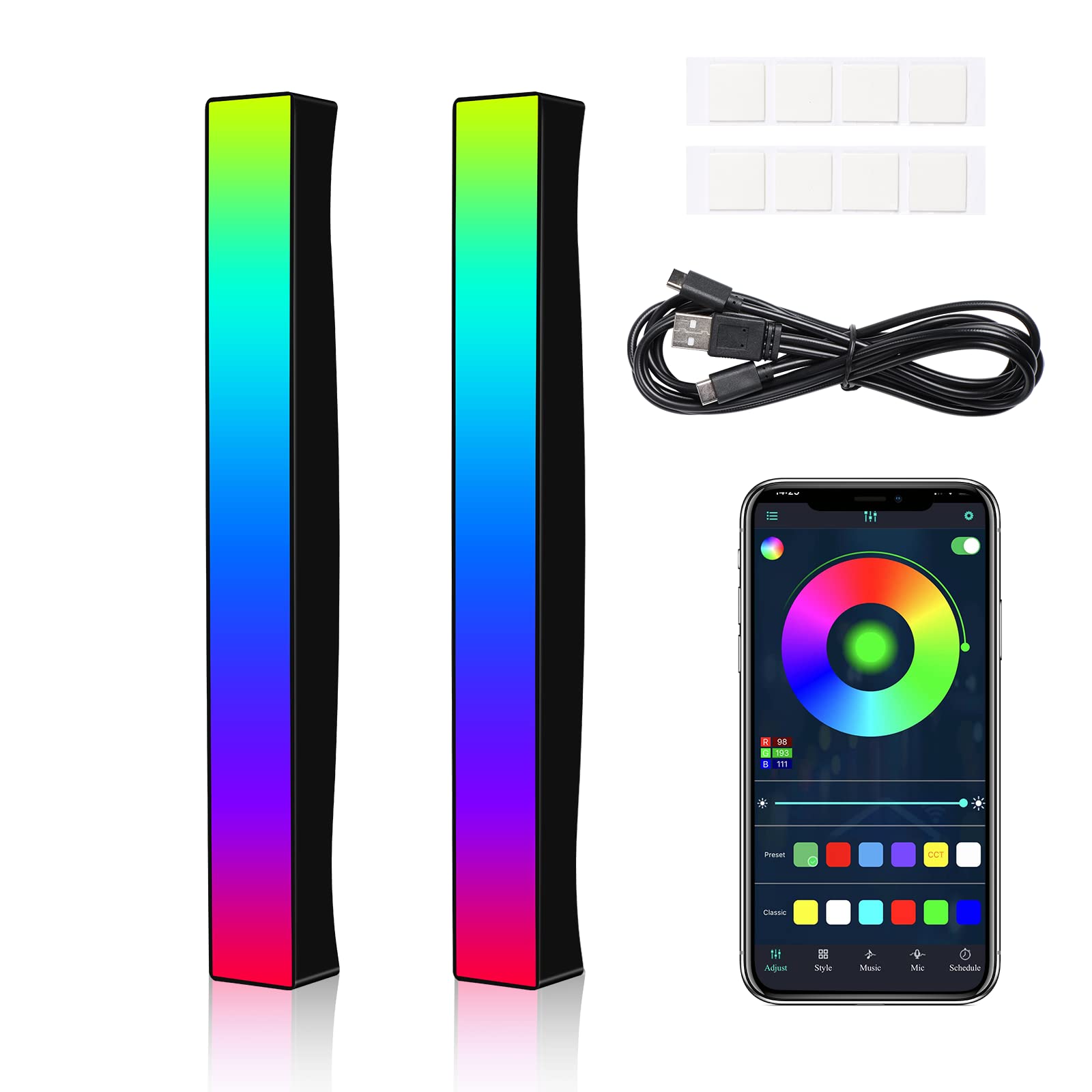 2 PCS RGB Music Sync LED Light Bars - USB/Battery Powered, App & Voice Controlled, 32-Bit Music Level Visualizer - Perfect for Car, Game Room, Desktop & Studio Atmosphere Lighting