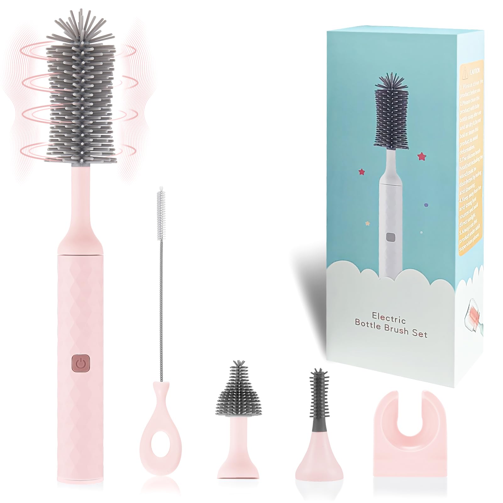 Rechargeable Electric Baby Bottle Cleaner Kit - 3-Piece Silicone Bottle Brush & Straw Brush Set | Automatic Bottle Washer for Infant Feeding Accessories | Perfect for Nursery, Travel & Daily Cleaning (Pink)