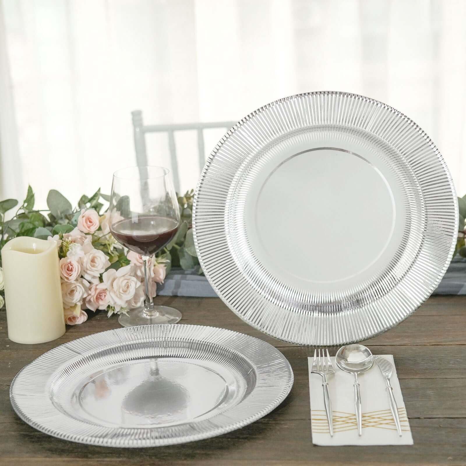 Efavormart 25 Pack Metallic Silver Sunray 10 Inch Disposable Dinner Plates - 350 GSM Heavy Duty Paper Plates for Parties, Weddings & Special Events