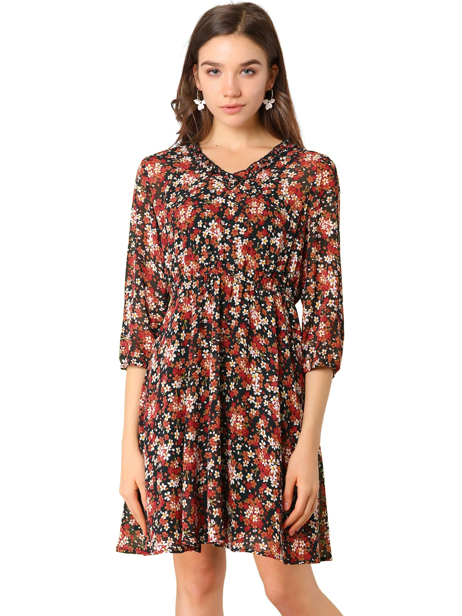 Allegra K Women's Vintage Floral Ruffle V-Neck 3/4 Sleeves Dress with Cami - Elegant Summer Dress for Weddings, Parties & Date Nights
