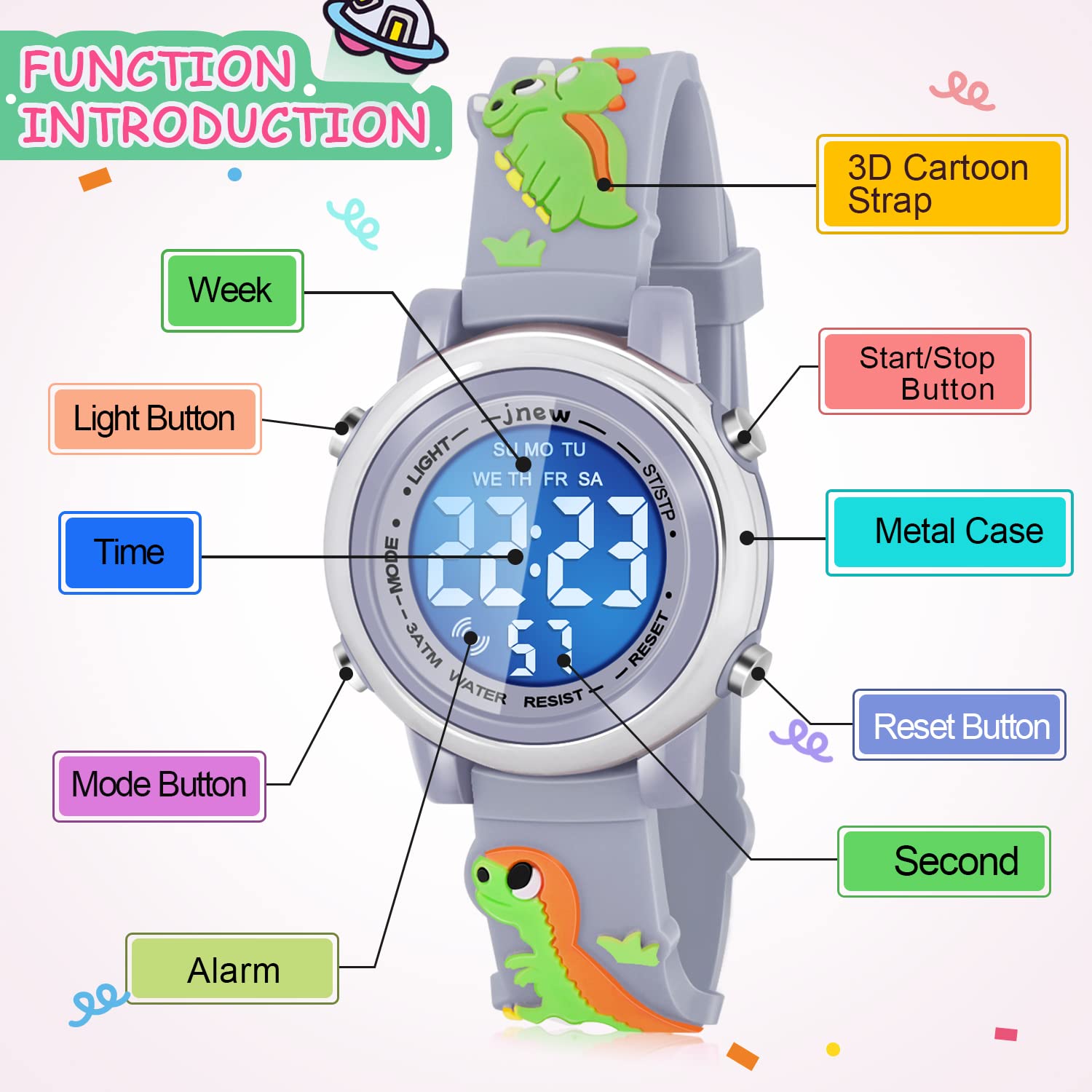 Waterproof Kids Watches with Alarm - Dinosaur Themed Digital Watch for Boys & Girls Ages 3-10 - Perfect for Swimming, Outdoor Play & Birthday Gifts