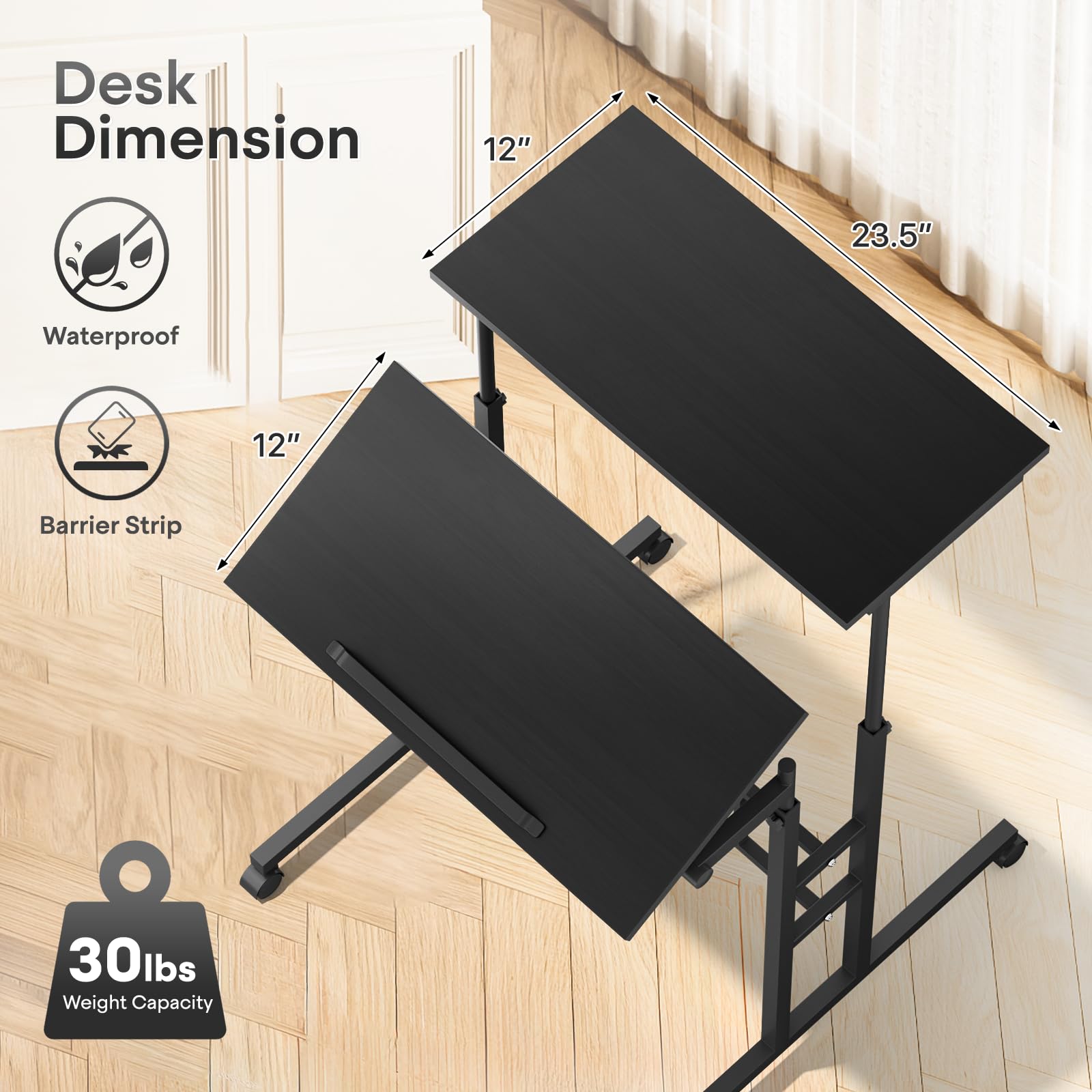 Adjustable Height Rolling Desk - Mobile Portable Laptop Stand Cart with Wheels, Small Sit to Stand Computer Table Workstation for Home Office (Black) | Perfect for Remote Work, Small Spaces & Ergonomic Workspaces