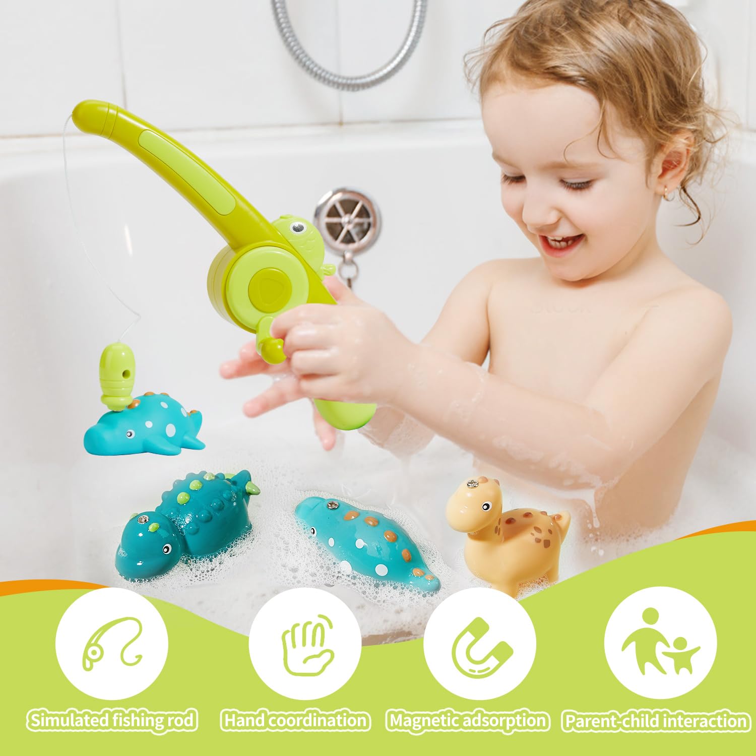 Magnetic Fishing Bath Toys for Toddlers 1-4 Years Old - 8PCS Soft Rubber Dinosaur Water Table Toys with Fishing Rod for Pool, Bathtub & Outdoor Play - Fun Learning Game for Boys & Girls Ages 1 2 3 4
