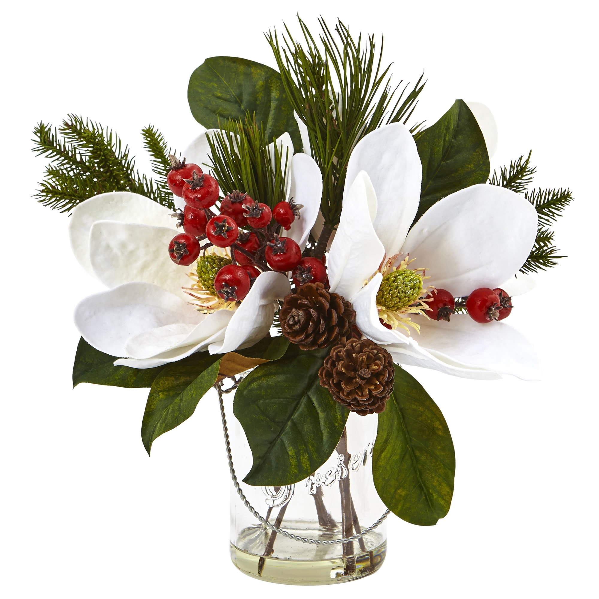 Nearly Natural Magnolia Pine Berry Holiday Arrangement in Glass Vase - Elegant Christmas Centerpiece for Home Decor, Office & Holiday Party Table Settings