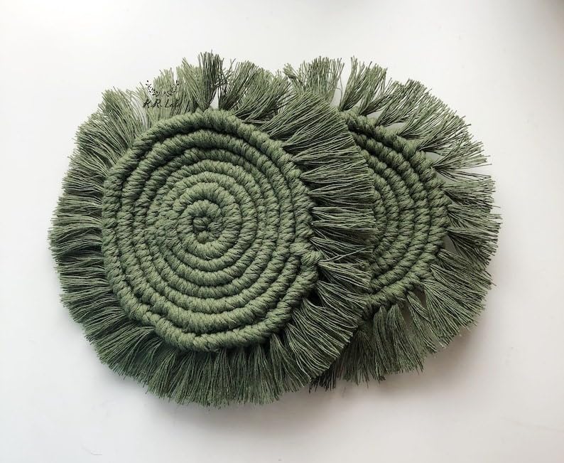 Handmade Macrame Coasters Set of 4 - 4 Inch Round Boho Tea & Coffee Cup Coasters with Frills in Cool Green - Perfect Gift for Home Decor, Kitchen & Dining Table Accessories