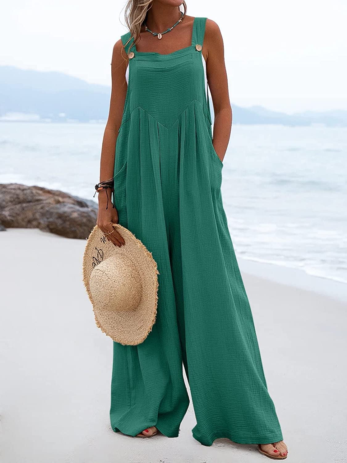 Women's Wide Leg Overalls - Sleeveless Jumpsuit with Pockets | Loose Fit Comfortable Baggy Suspender Romper for Casual Outings, Workwear & Summer Fashion