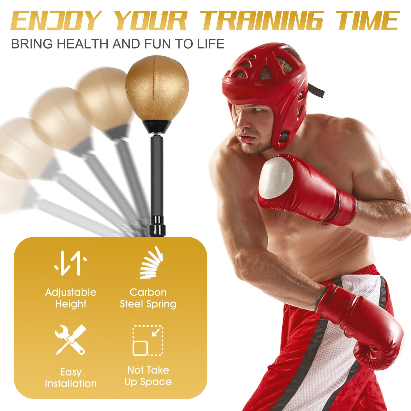 Premium Reflex Speed Bag with Thick Base - Adjustable Height Free Standing Punching Bag for Boxing Training, Stress Relief & Fitness - Heavy Duty Reinforced Spring, Durable Golden Design - Perfect for Home Gym, Martial Arts & Cardio Workouts