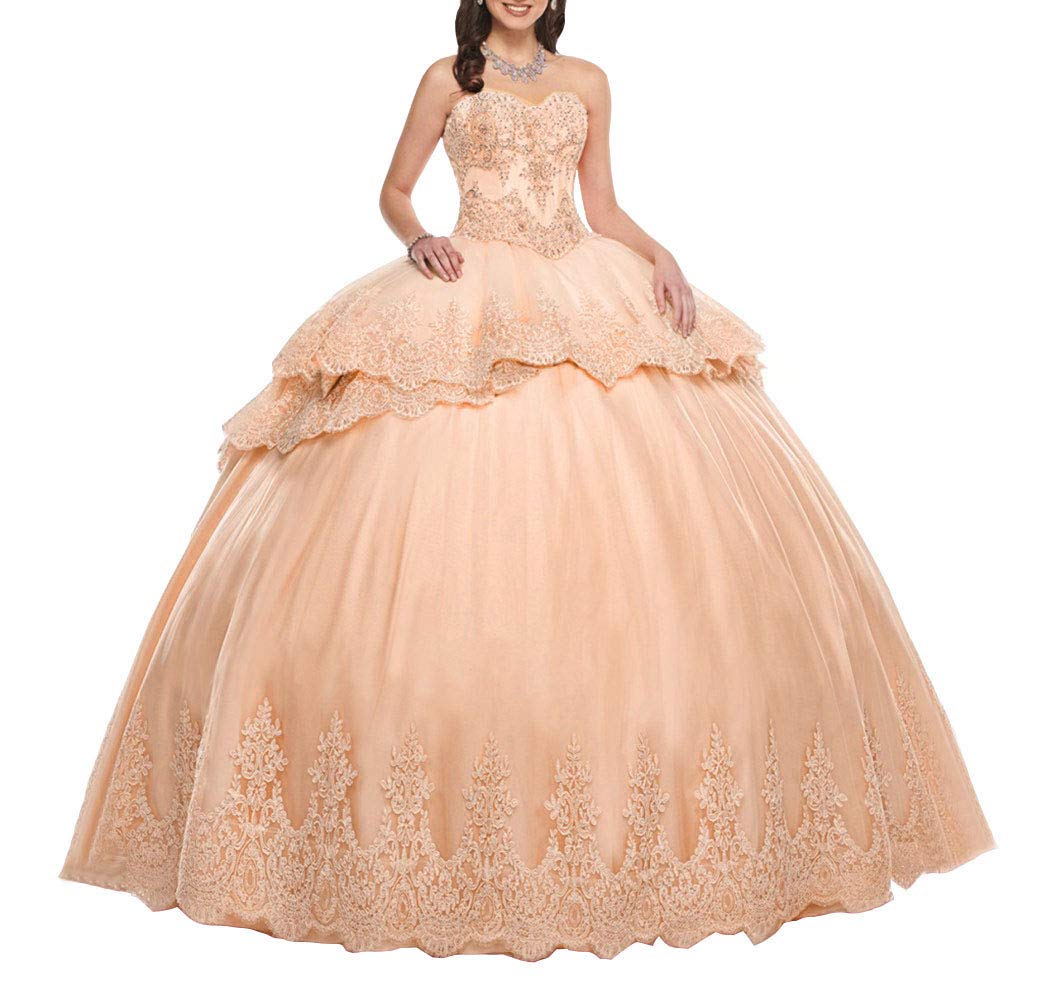 Emanni Women's Sweetheart Neckline Quinceañera Dress 2-Piece Set with Crystals, Ball Gown Prom Dress in Apricot - Perfect for Quinceañeras, Proms, Weddings & Formal Events
