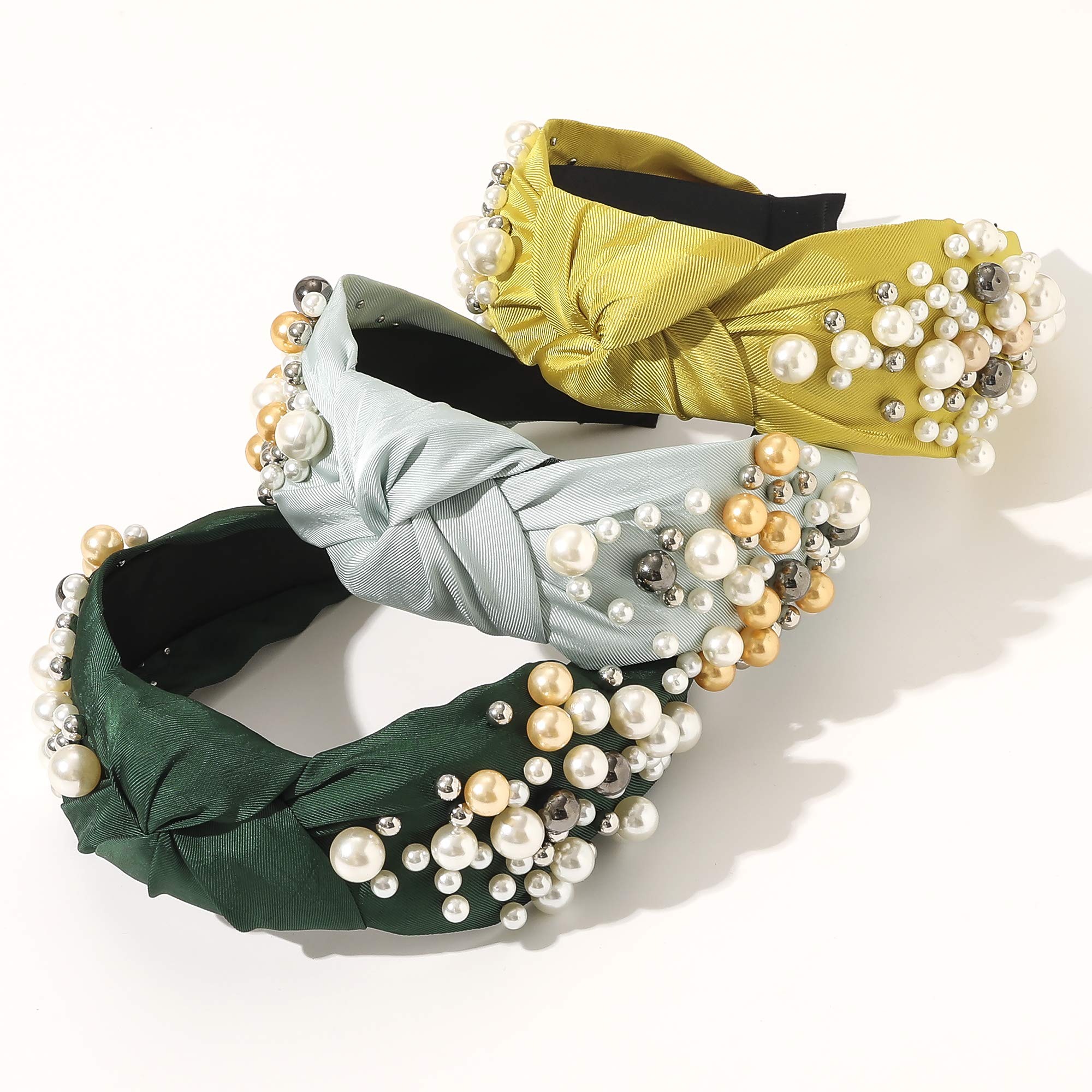 Stylish Knotted Pearl Headbands for Women & Girls - Non-Slip Fashion Hair Accessories (Green, Yellow, Blue) - Perfect for Work, Parties & Everyday Wear