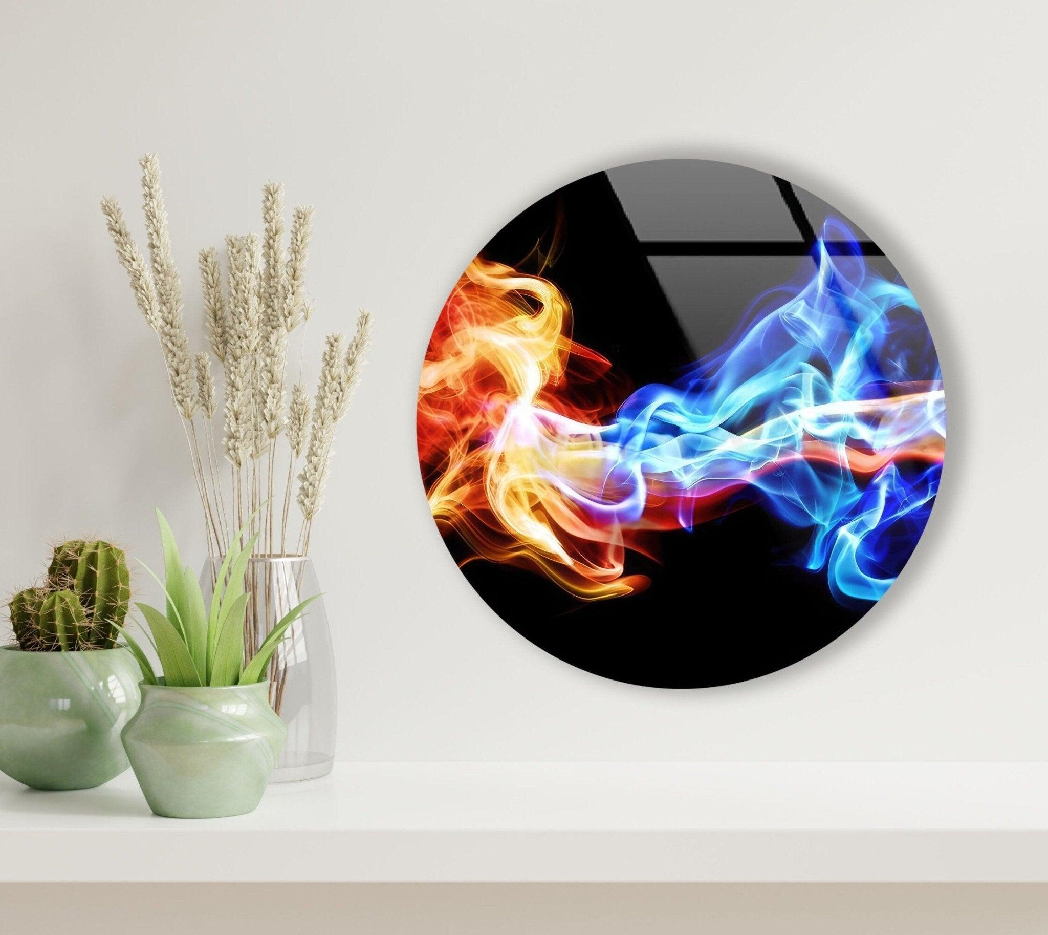 Abstract Round Orange & Blue Glass Wall Art - Modern Handmade Home Decor for Living Room, Bedroom & Office - Unique Glass Artwork for Wall Decor & Gifts