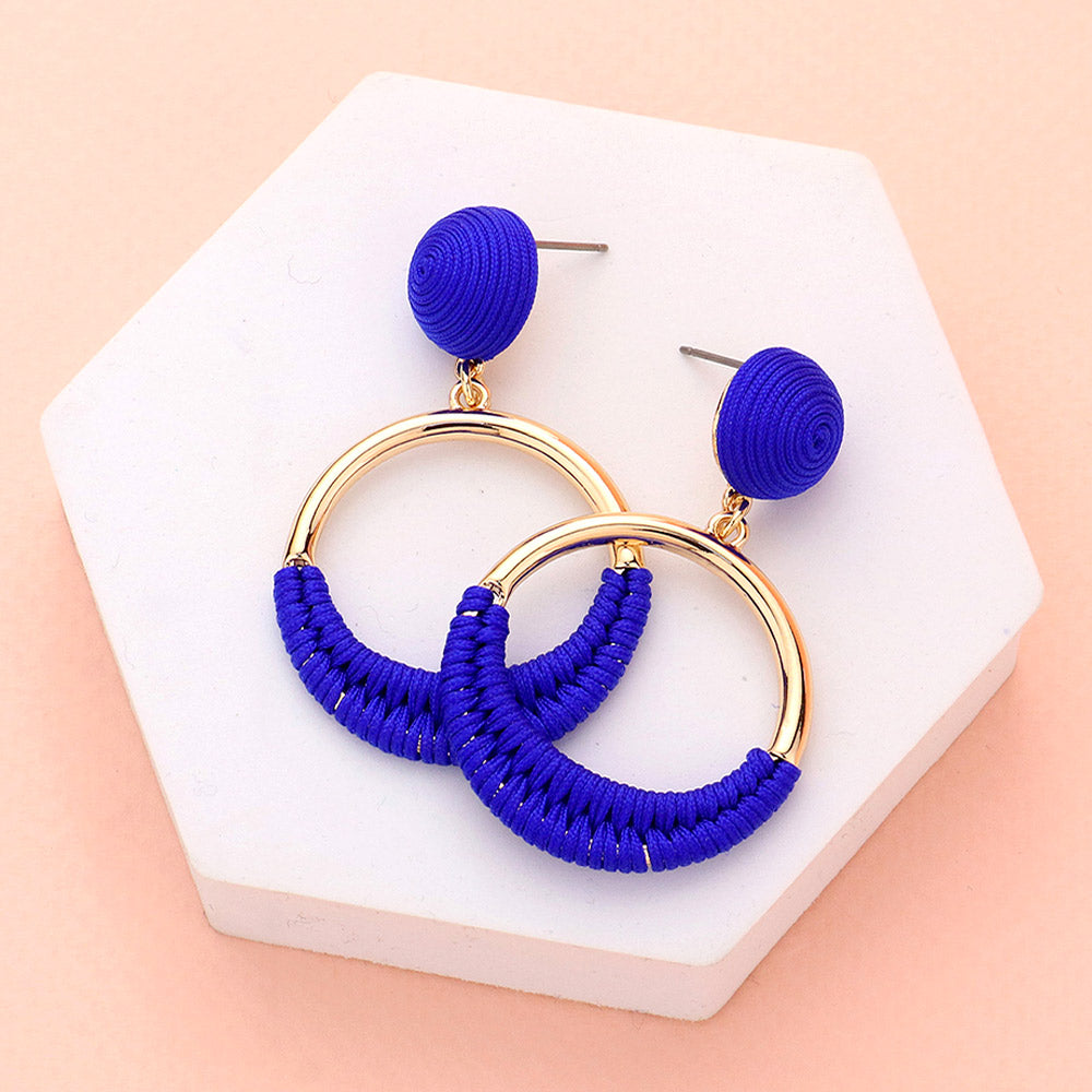 Blue Thread Wrapped Open Circle Fashion Earrings | Trendy Runway Jewelry | Stylish Headshot Accessories | Perfect for Parties, Photo Shoots & Everyday Wear (Model 612237)