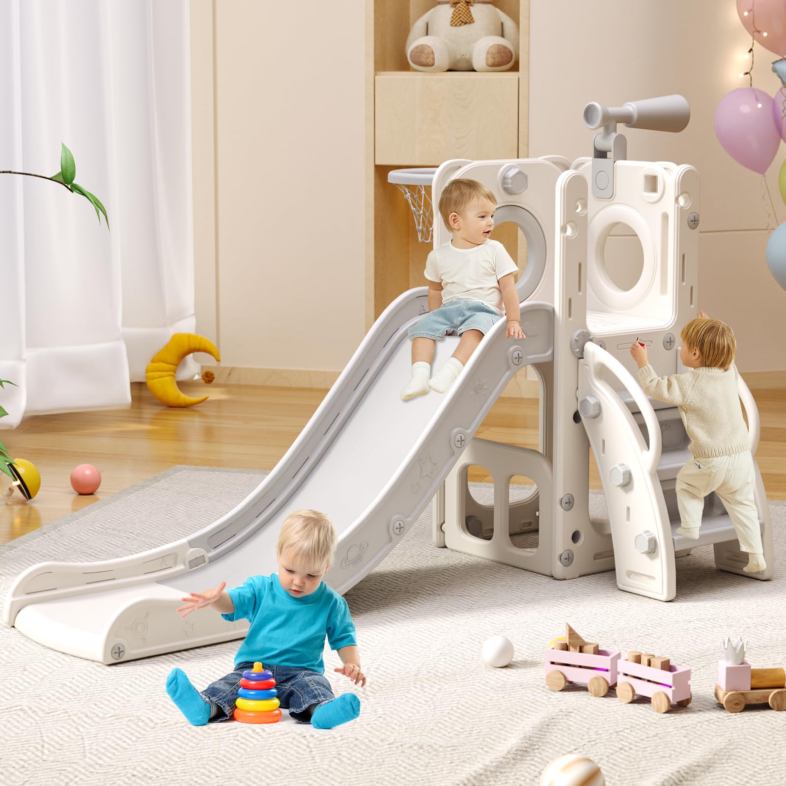 6-in-1 Multifunctional Toddler Playset with Slide, Basketball Hoop & Ring Toss - Indoor/Outdoor Kids Playground Toy for Ages 1-3 Years - Perfect for Backyard, Playroom & Preschool Activities (White & Grey)