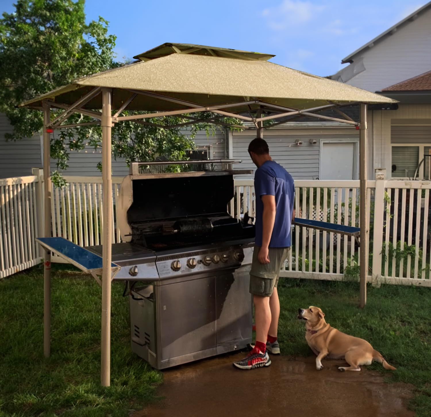 Crown Shades 8x5 Grill Gazebo - Pop Up Canopy Tent for BBQ, Backyard, Patio & Outdoor Events - Easy Setup Double Tier Vented Top with 2 Side Shelves - Beige - Perfect for Grilling, Picnics, Camping & Garden Parties