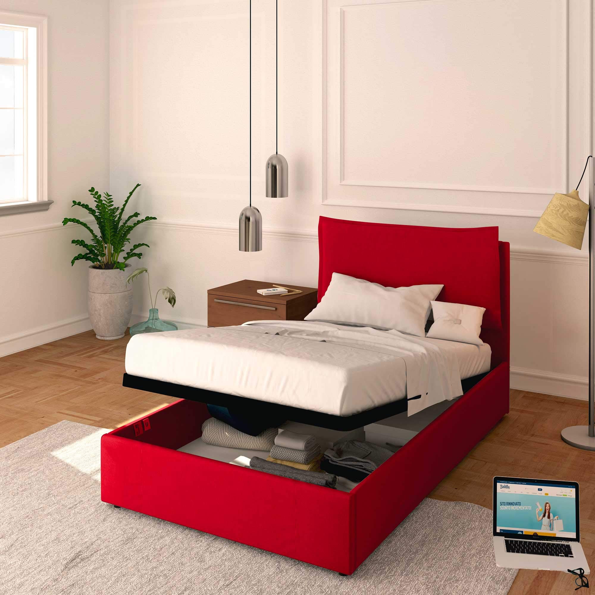 Baldiflex Licia Synthetic Leather Square and Half Bed with Storage Container, Bed Frame with Slatted Base for Square & Half Mattresses, 120 x 200 cm, Finely Padded Headboard, Red - Perfect for Small Bedrooms, Guest Rooms & Modern Apartments