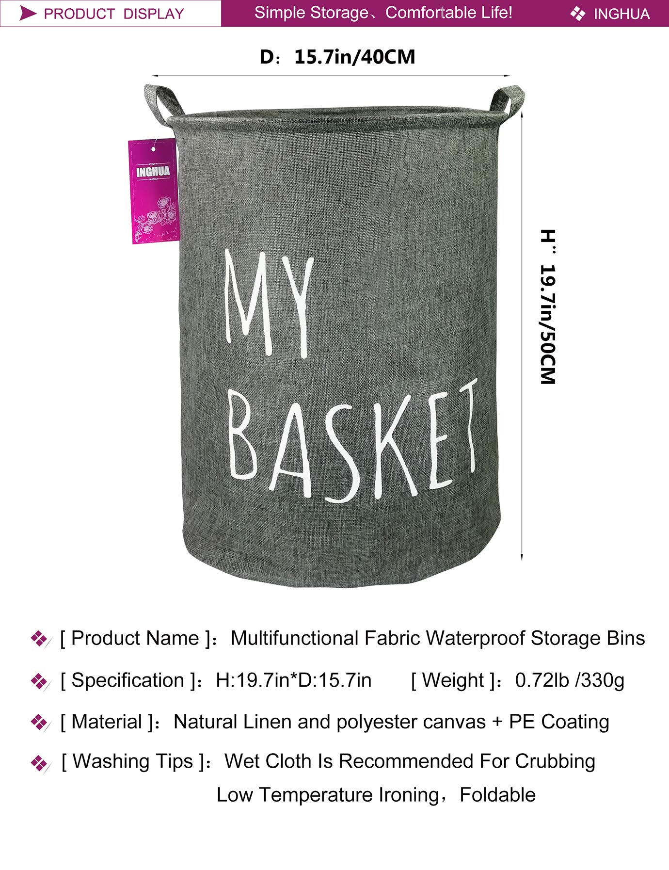 Large Canvas Laundry Hamper - Lightweight Collapsible Fabric Storage Basket for Dirty Clothes, Toy Organizer | Waterproof & Space-Saving for College Dorms, Kids Bedroom, Bathroom (Grey) | Perfect for Laundry Room Organization, Closet Storage & Travel Use