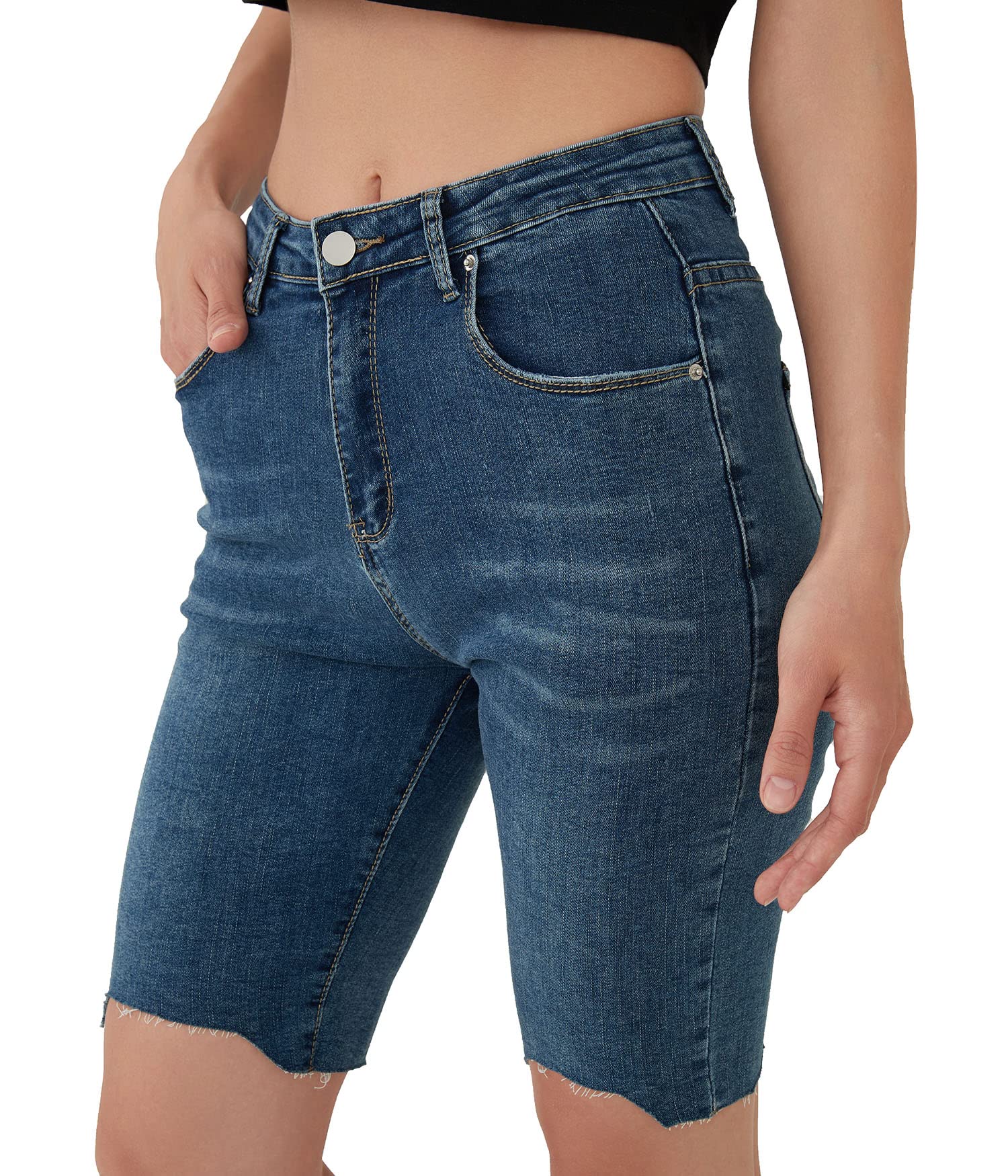 PHOENISING Women's Ripped Denim Bermuda Shorts - Stretchy High Waist Jean Shorts for Summer | Casual Outfits, Beach Wear & Street Style