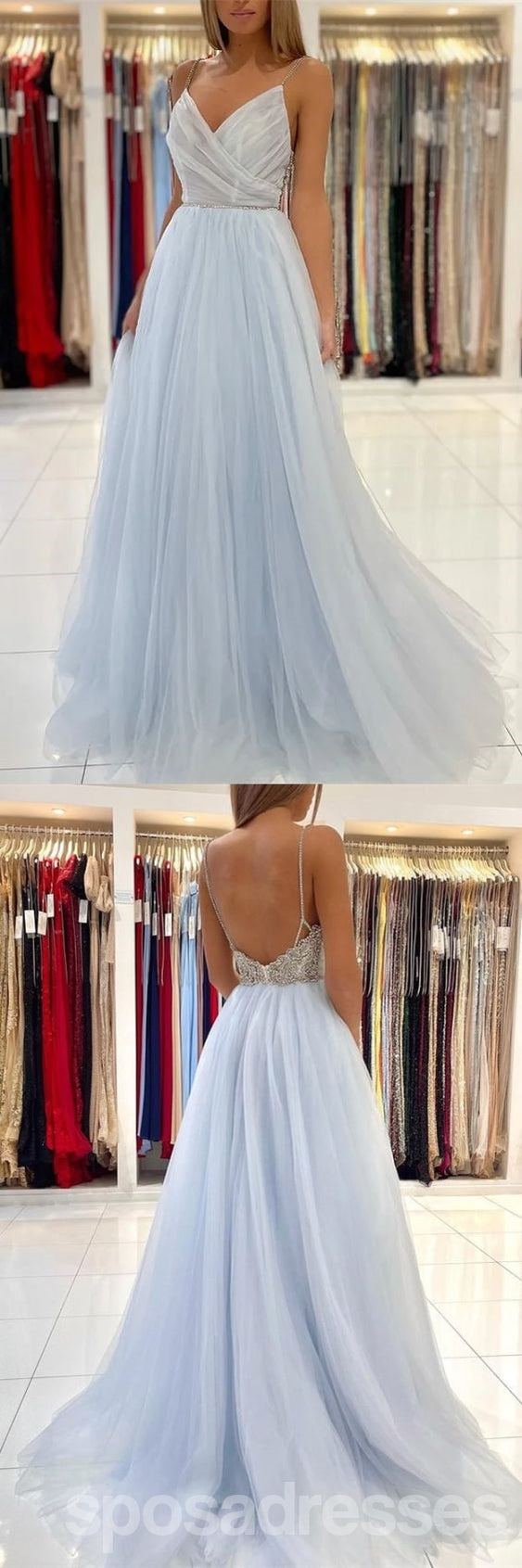 Elegant Blue A-Line Spaghetti Strap V-Neck Maxi Long Party Prom Dress for Women - Perfect for Evening Gala, Formal Events & Special Occasions