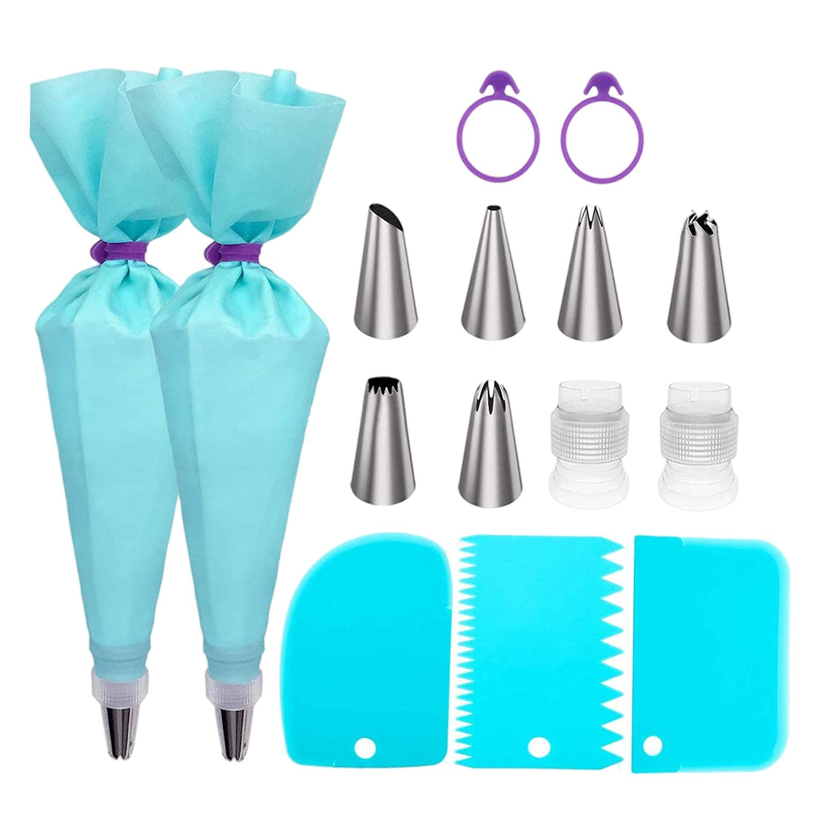 Baoblaze 15-Piece Cake Decorating Kit - Reusable Icing Piping Bags with 6 Stainless Steel Tips & 2 Couplers for Baking, Cupcake, Cookie & Pastry Decorating - Professional Baker Tools (Blue)